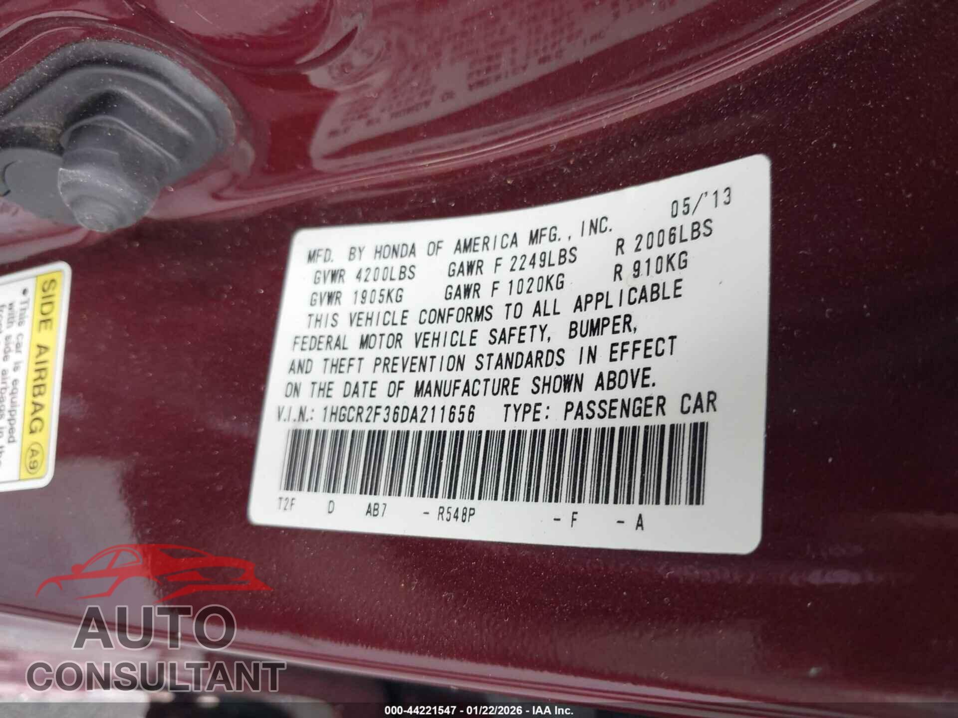 HONDA ACCORD 2013 - 1HGCR2F36DA211656