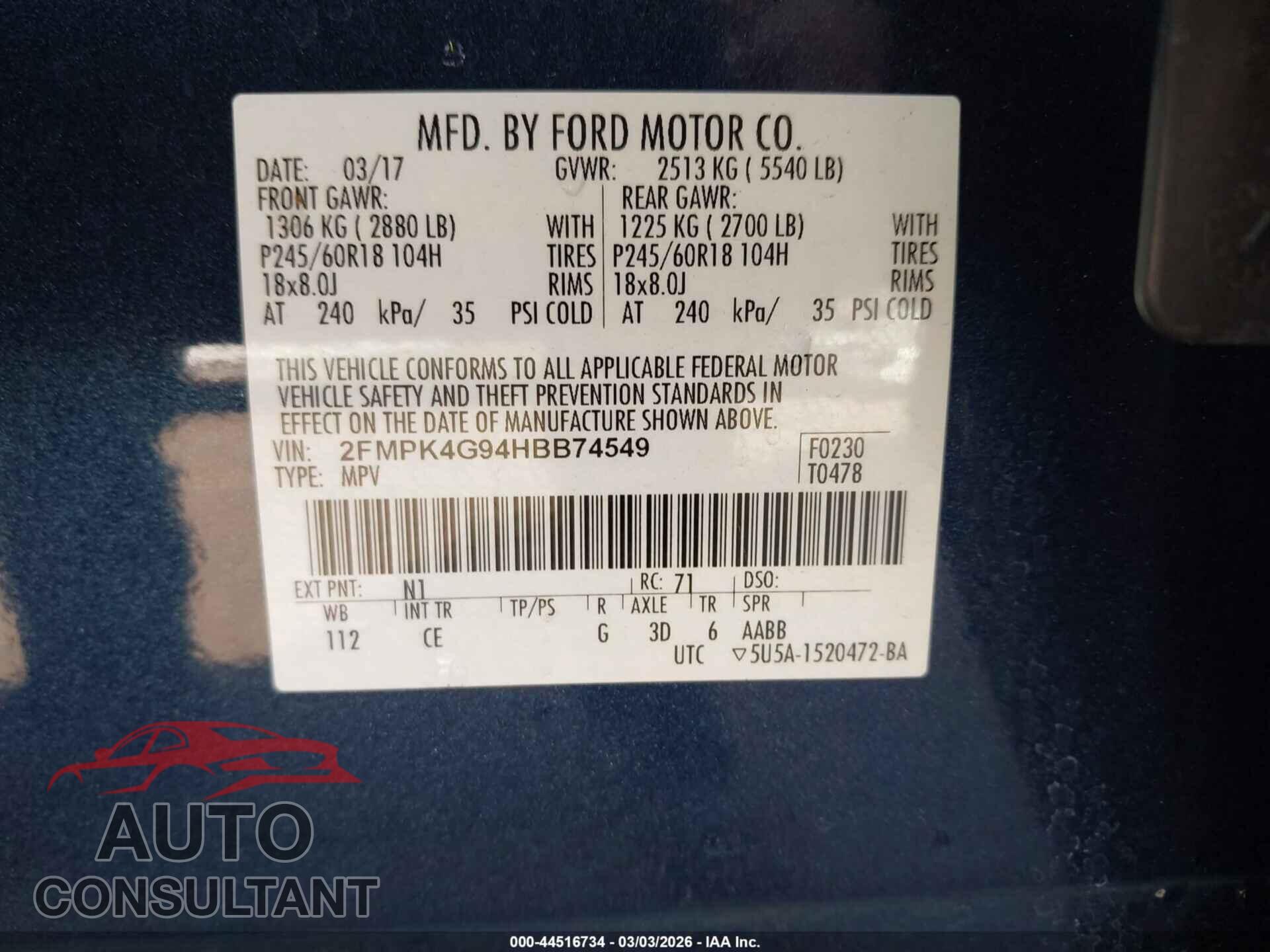 FORD EDGE 2017 - 2FMPK4G94HBB74549