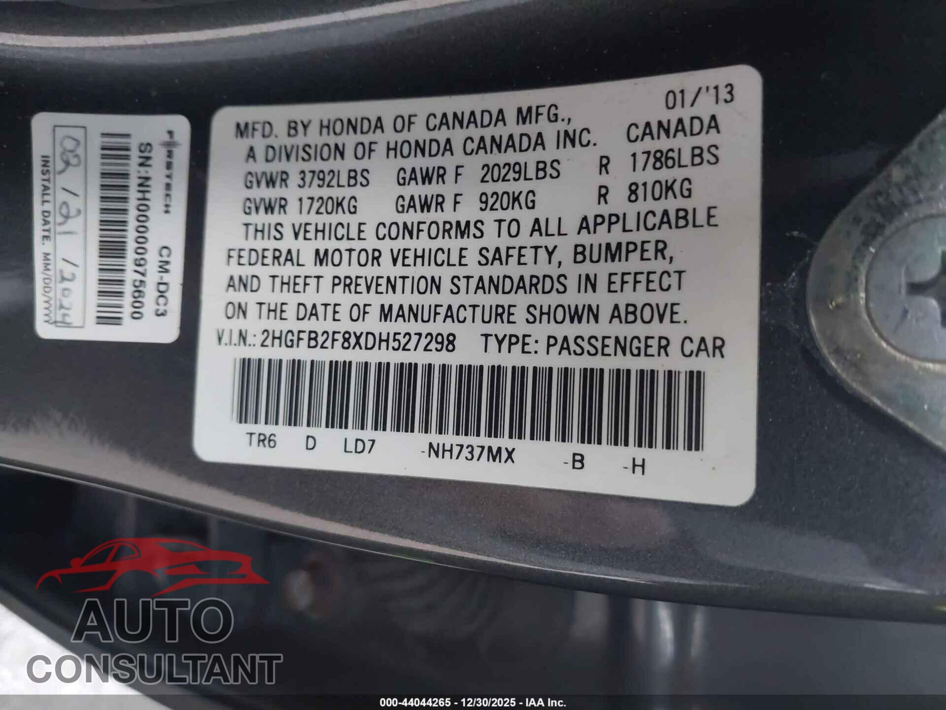 HONDA CIVIC 2013 - 2HGFB2F8XDH527298