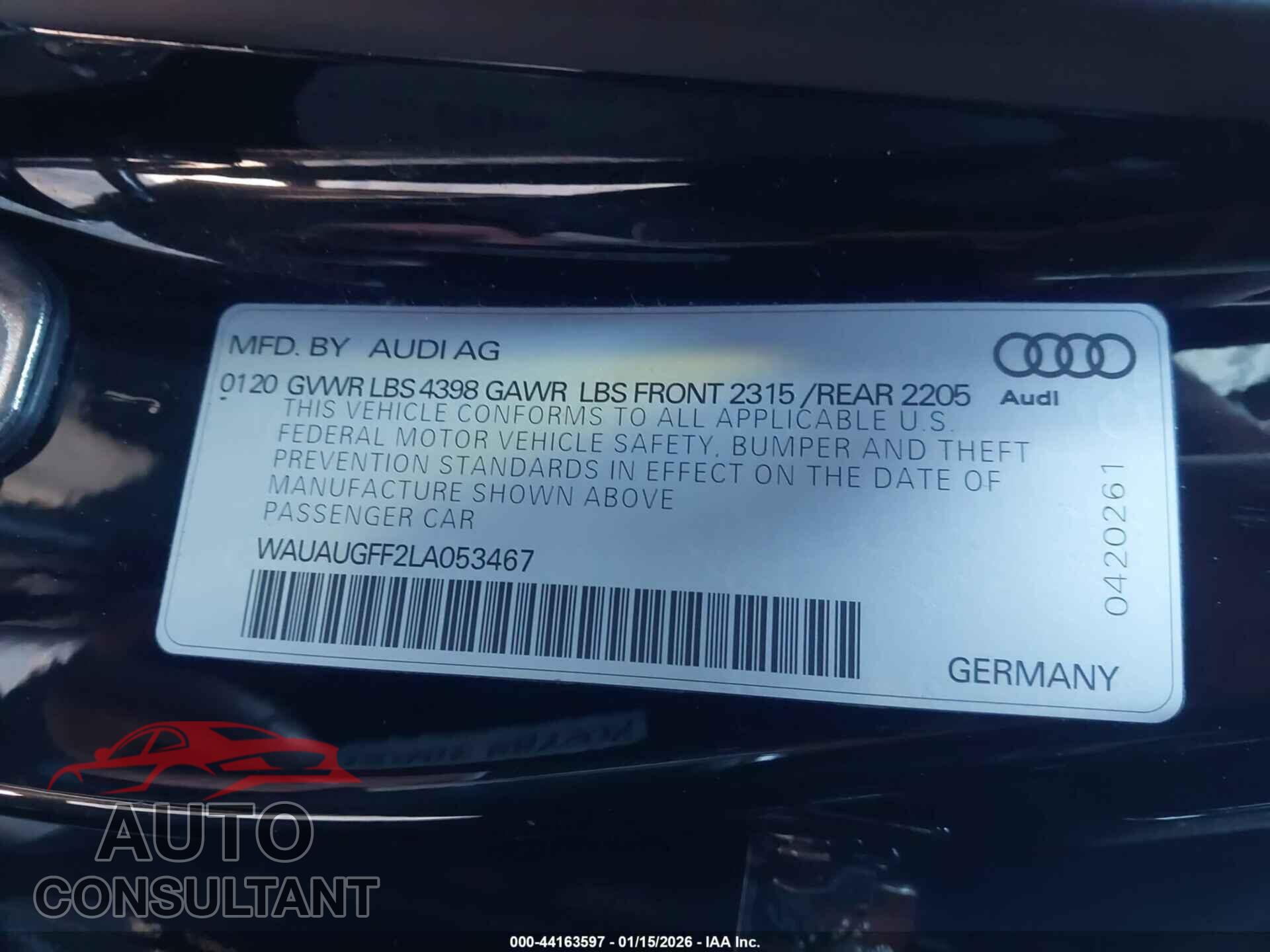AUDI A3 2020 - WAUAUGFF2LA053467