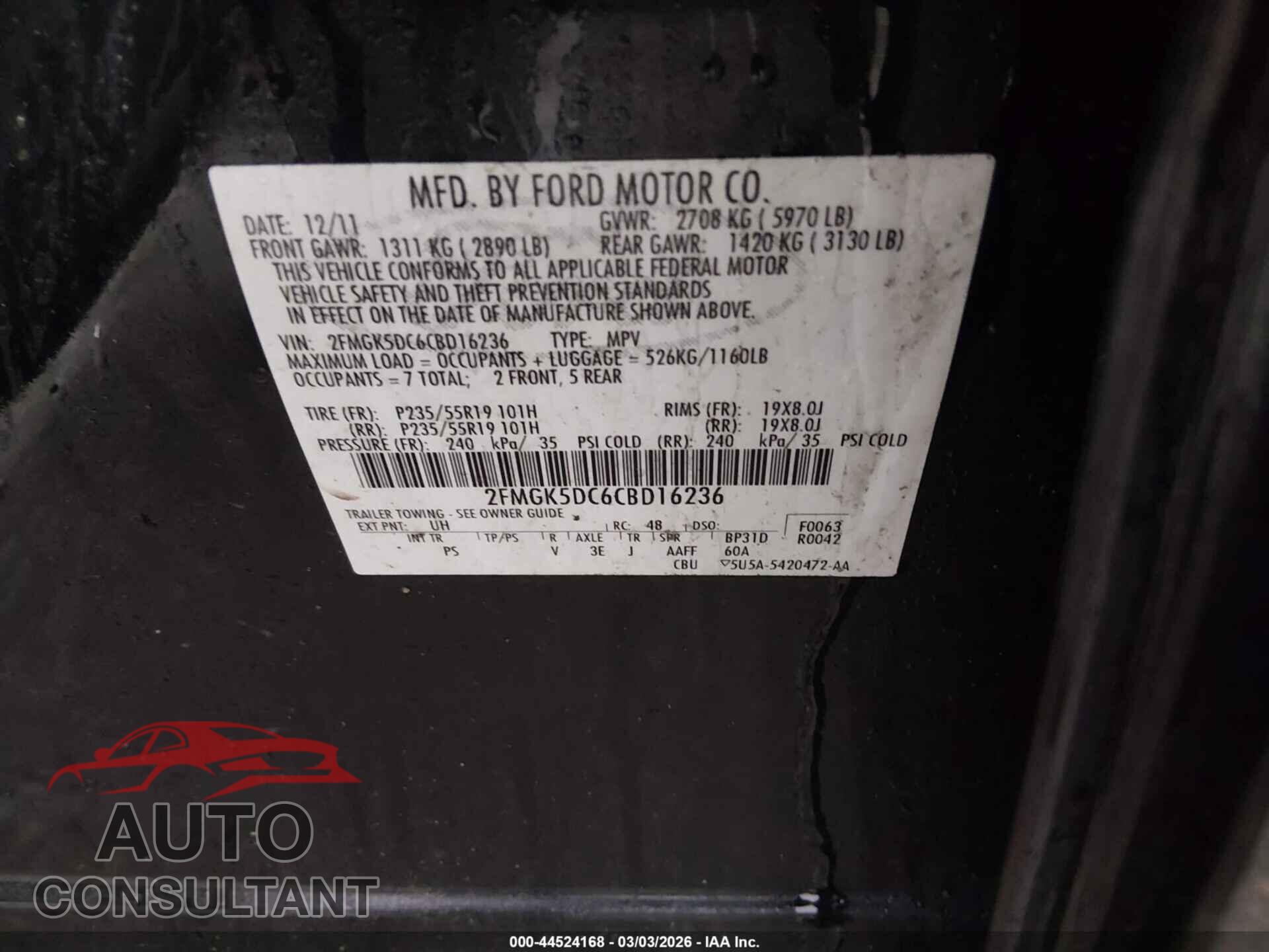 FORD FLEX 2012 - 2FMGK5DC6CBD16236