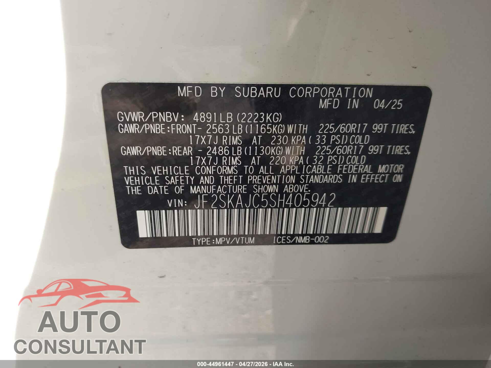 SUBARU FORESTER 2025 - JF2SKAJC5SH405942