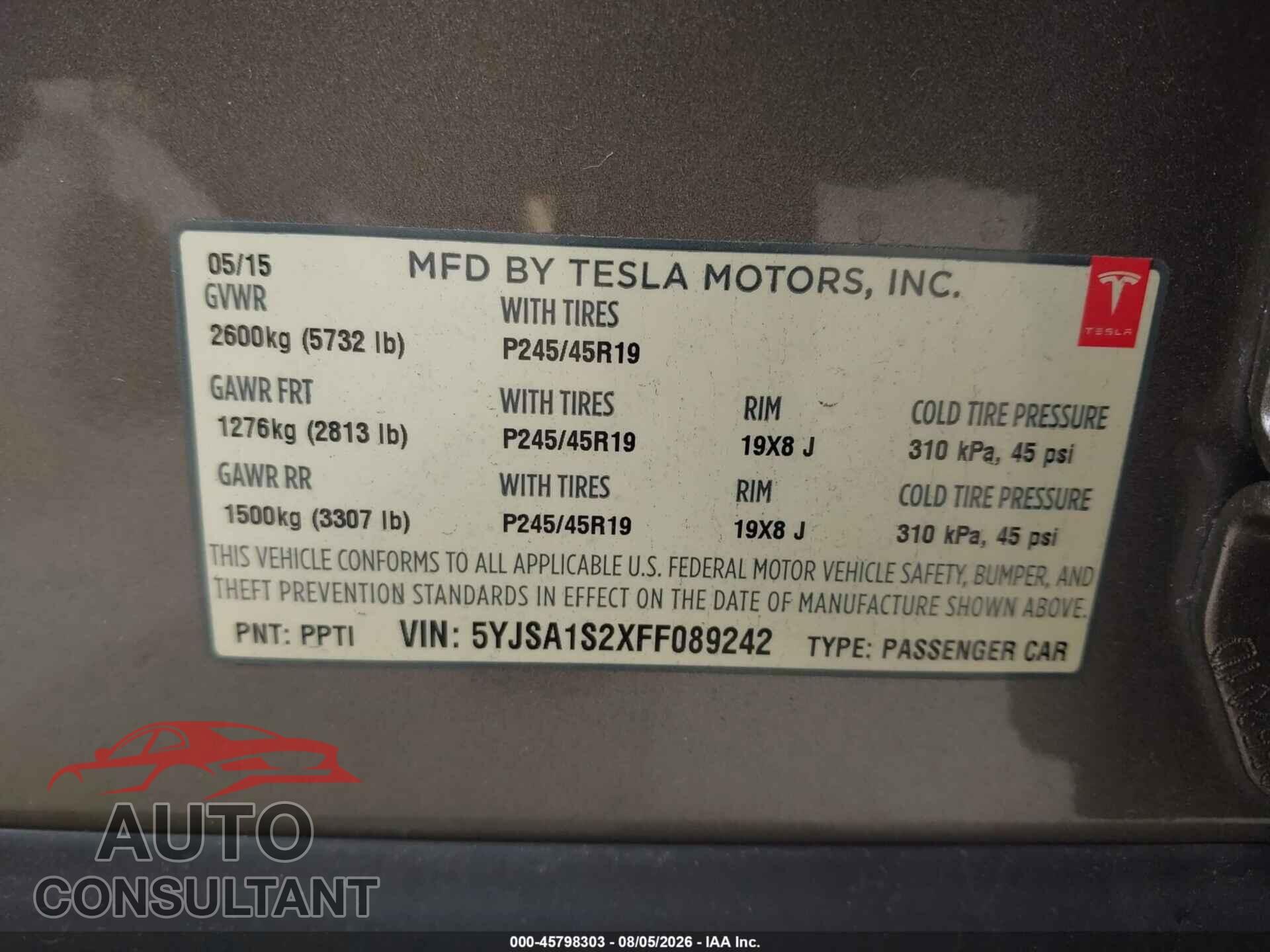 TESLA MODEL S 2015 - 5YJSA1S2XFF089242