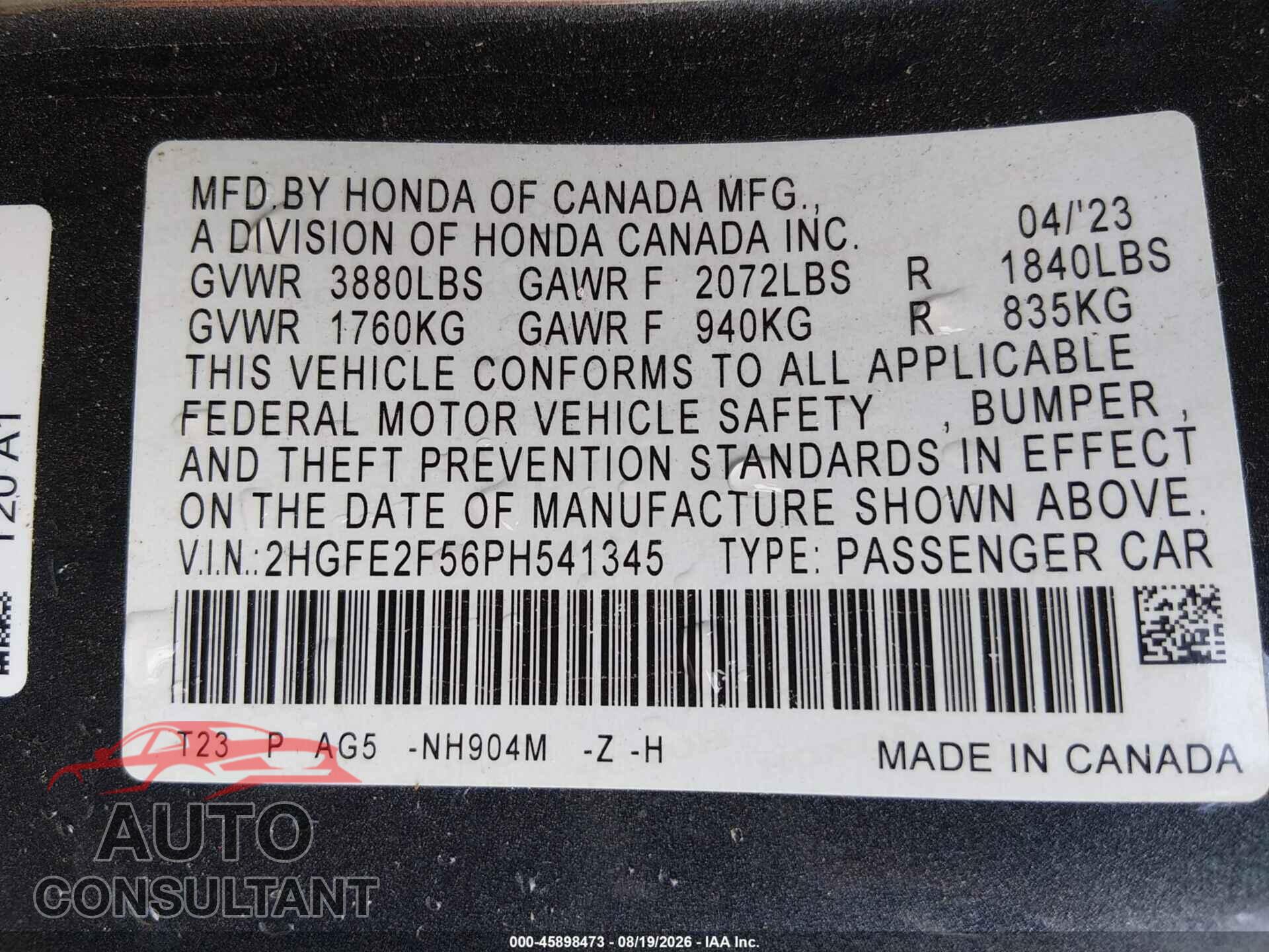 HONDA CIVIC 2023 - 2HGFE2F56PH541345