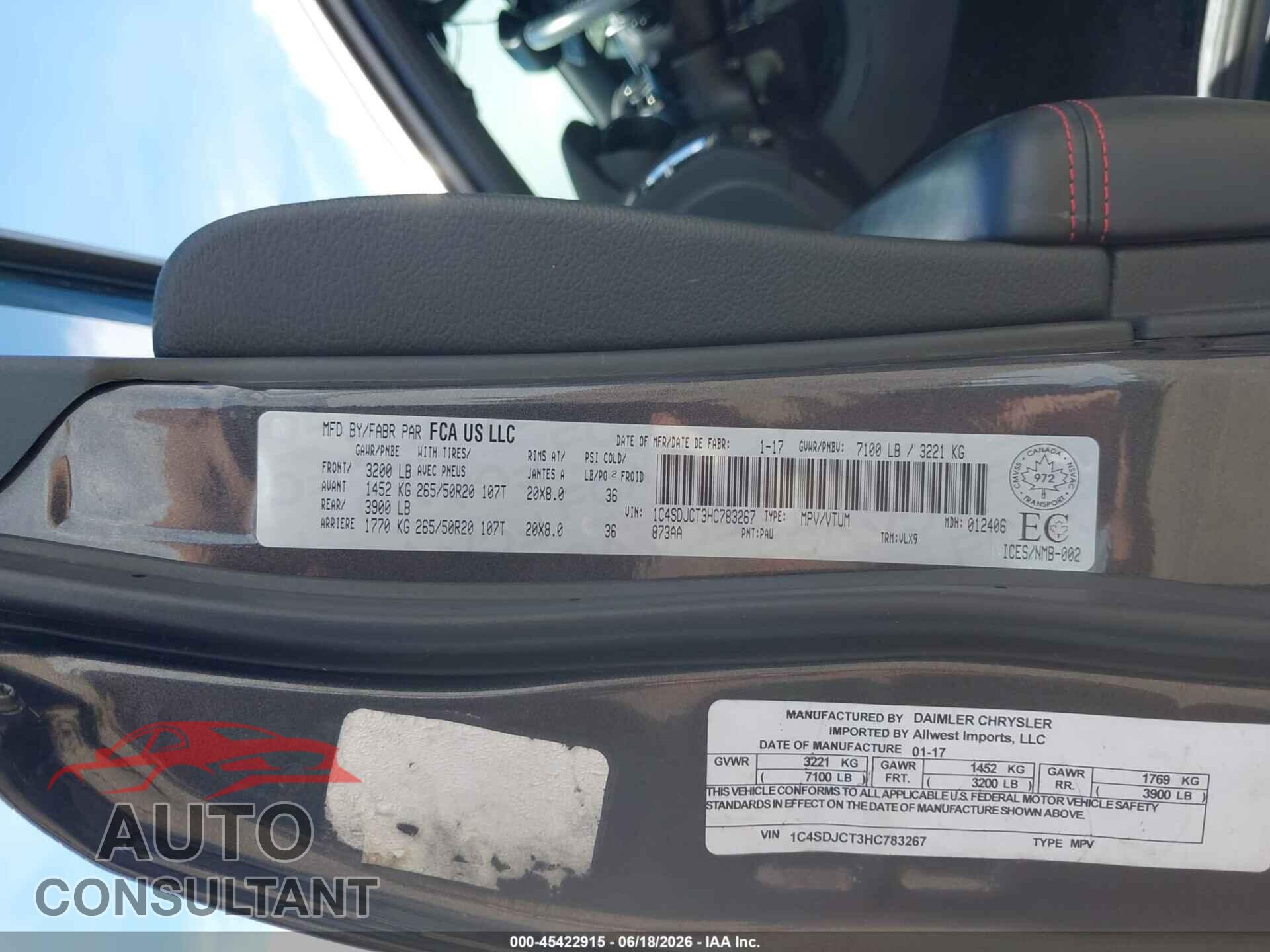 DODGE DURANGO 2017 - 1C4SDJCT3HC783267