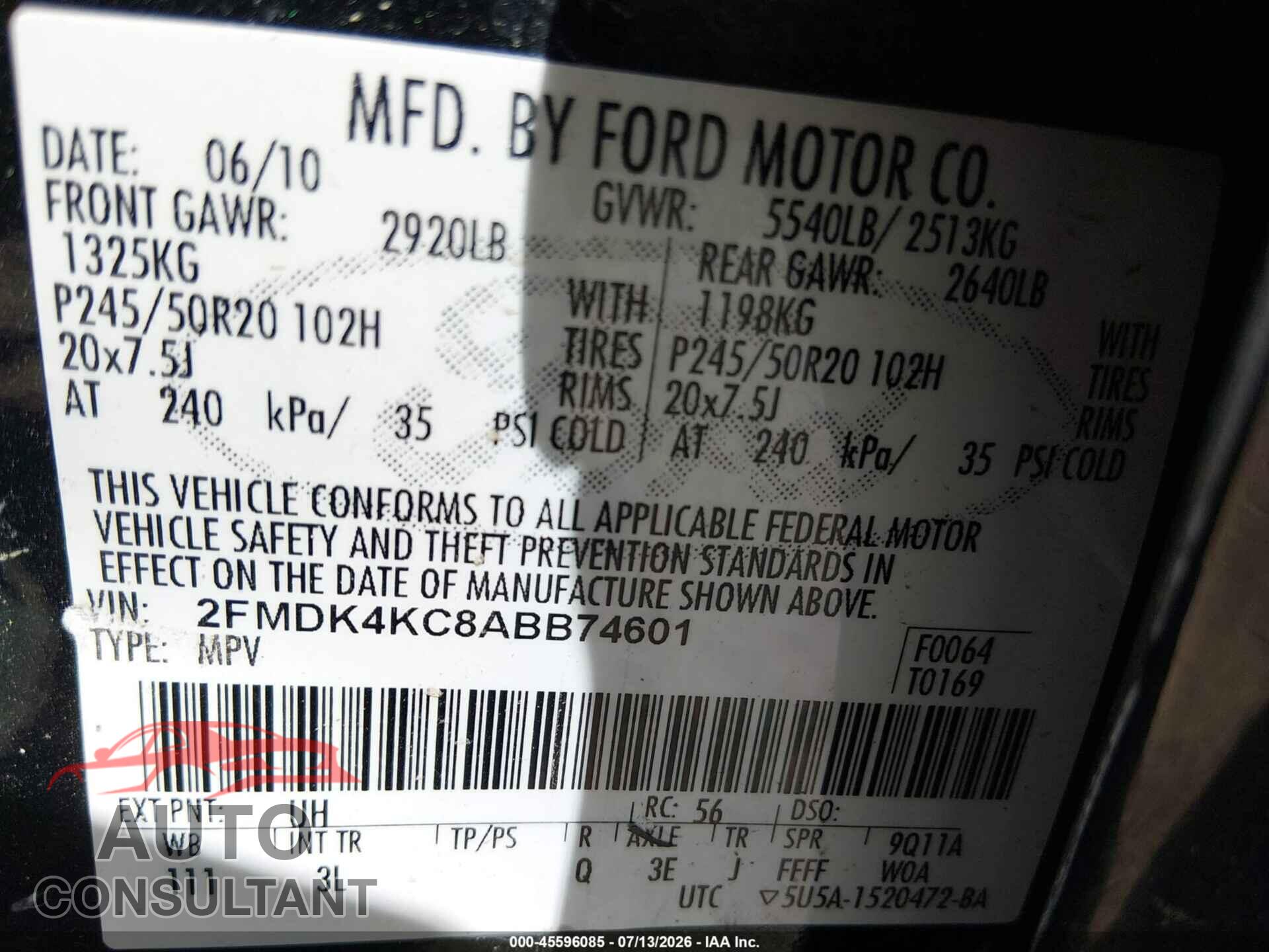 FORD EDGE 2010 - 2FMDK4KC8ABB74601