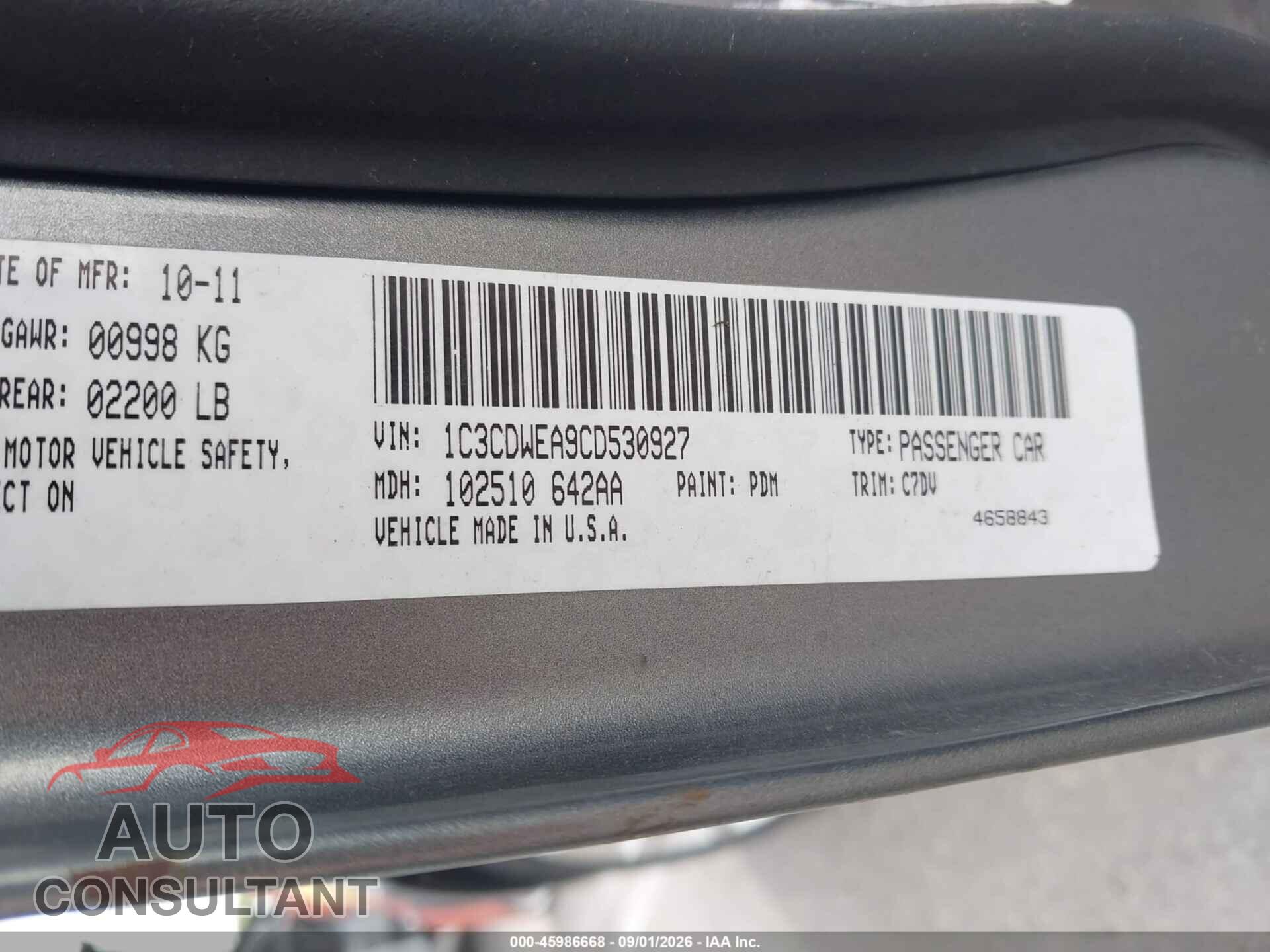 DODGE CALIBER 2012 - 1C3CDWEA9CD530927