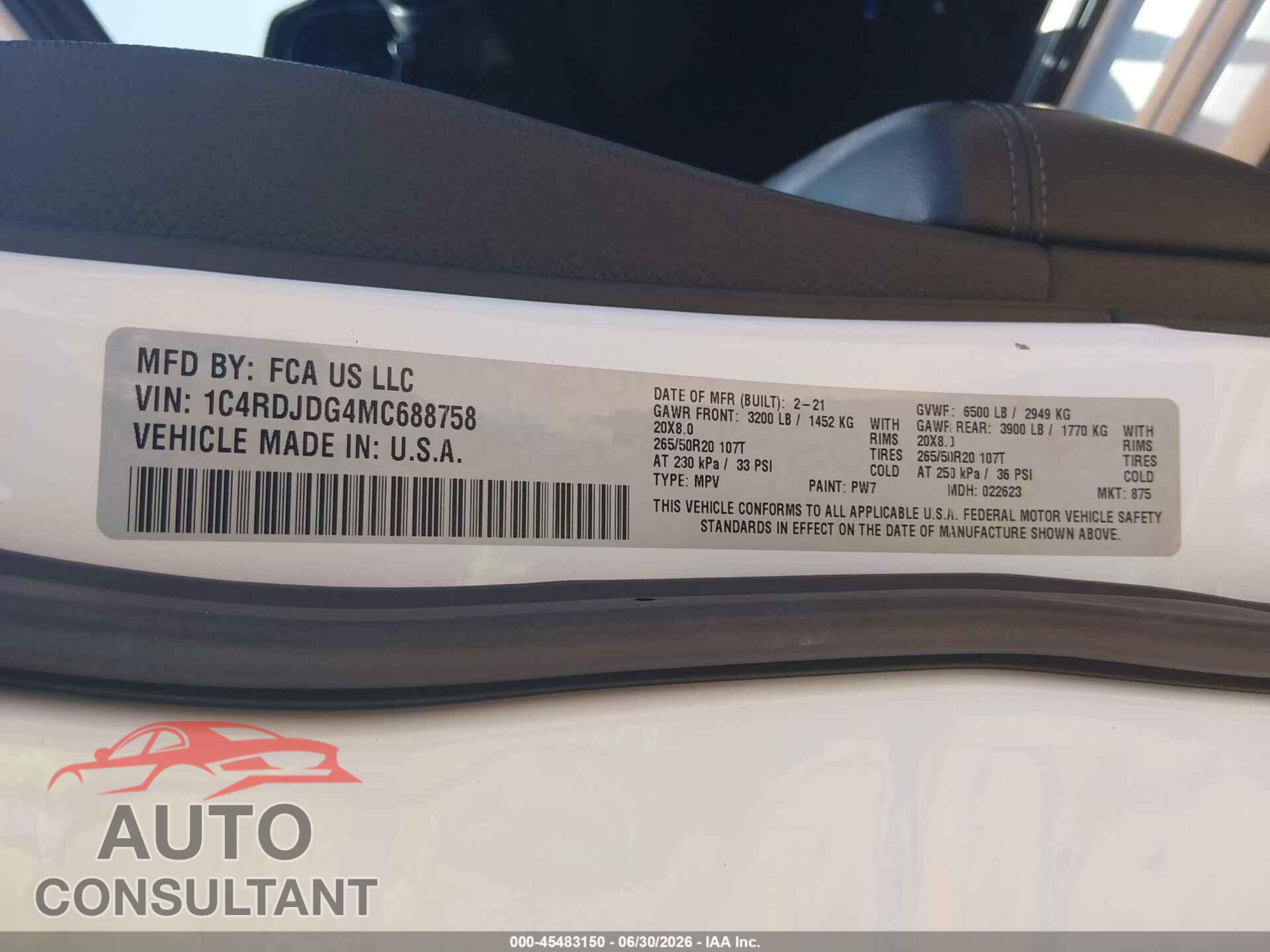DODGE DURANGO 2021 - 1C4RDJDG4MC688758