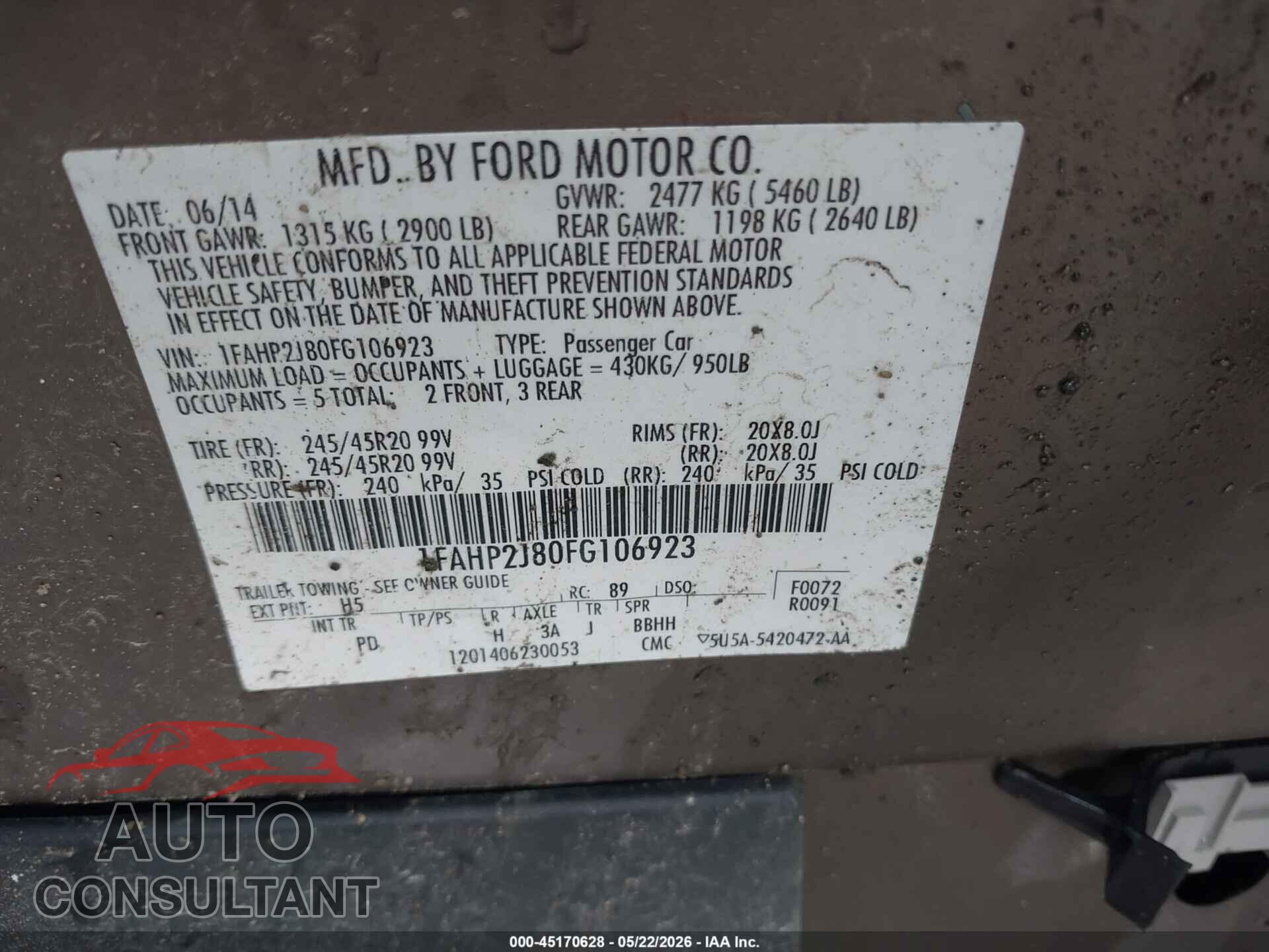 FORD TAURUS 2015 - 1FAHP2J80FG106923
