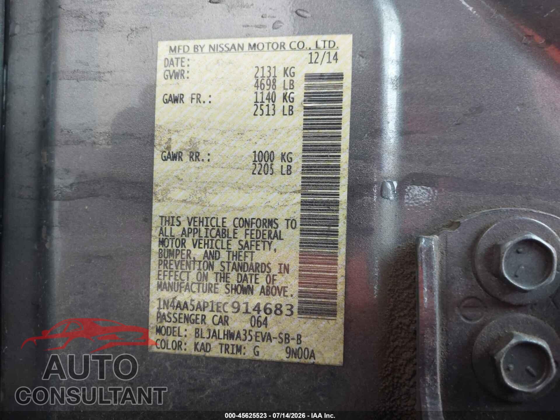 NISSAN MAXIMA 2014 - 1N4AA5AP1EC914683