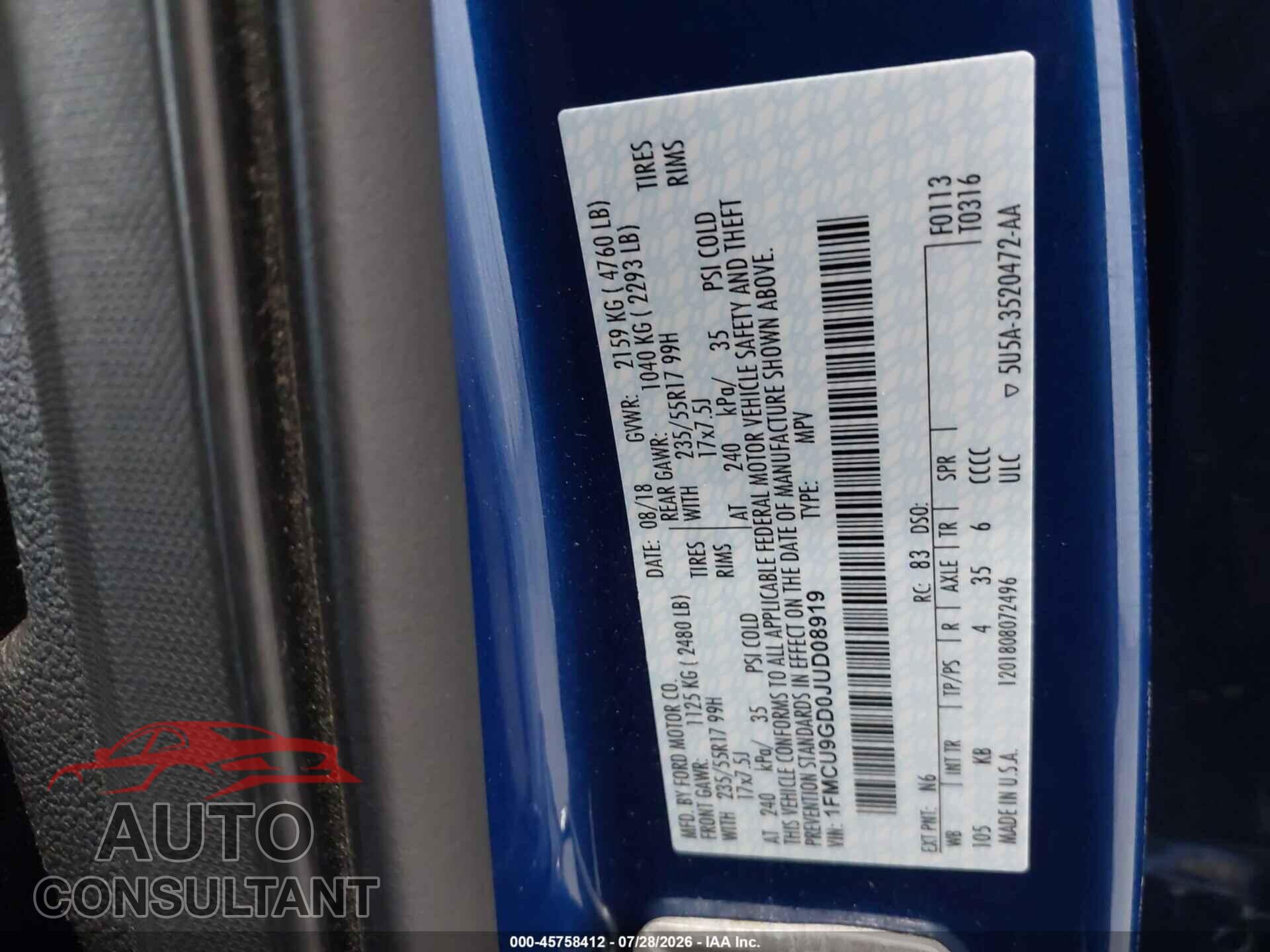 FORD ESCAPE 2018 - 1FMCU9GD0JUD08919