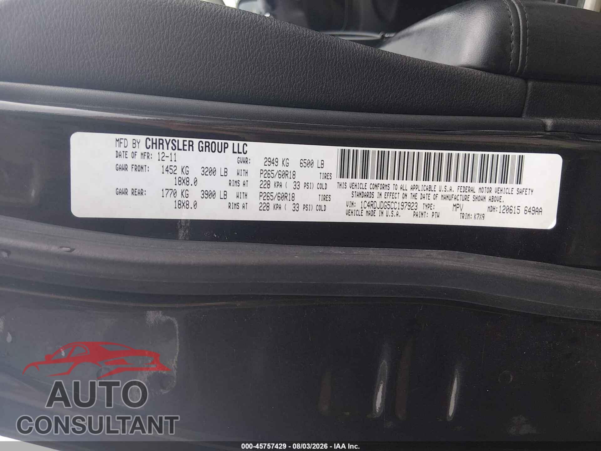 DODGE DURANGO 2012 - 1C4RDJDG5CC197923