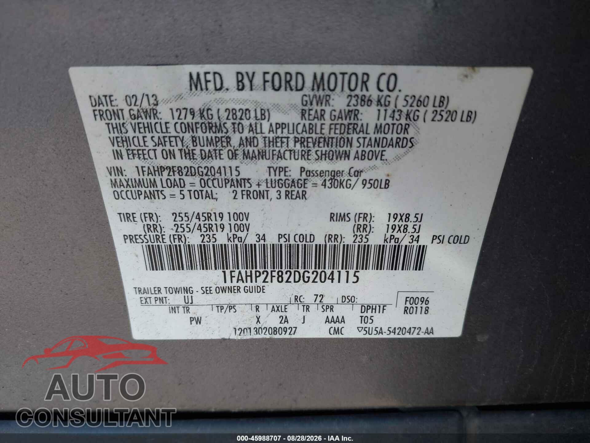 FORD TAURUS 2013 - 1FAHP2F82DG204115