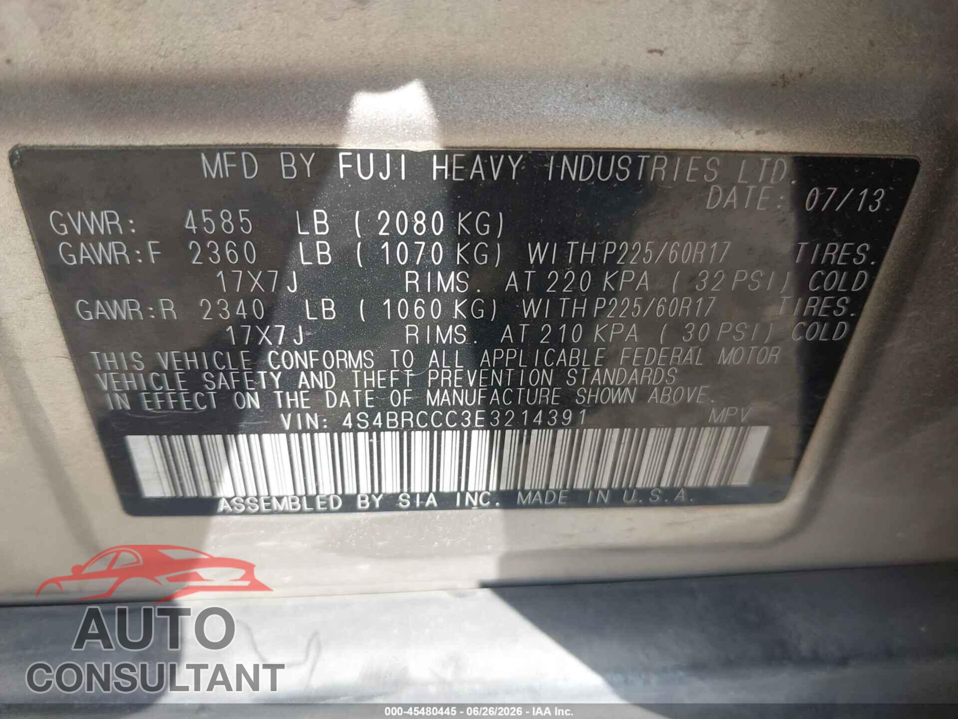 SUBARU OUTBACK 2014 - 4S4BRCCC3E3214391