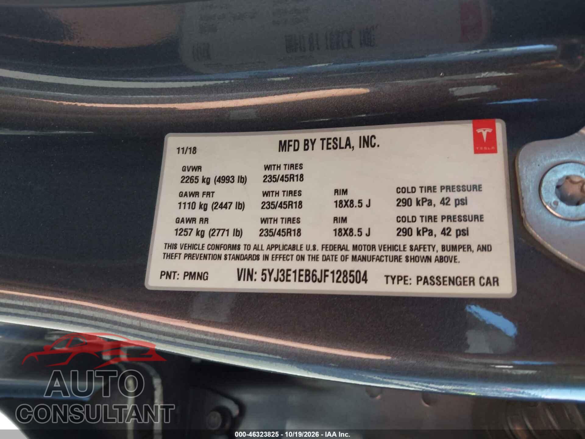 TESLA MODEL 3 2018 - 5YJ3E1EB6JF128504