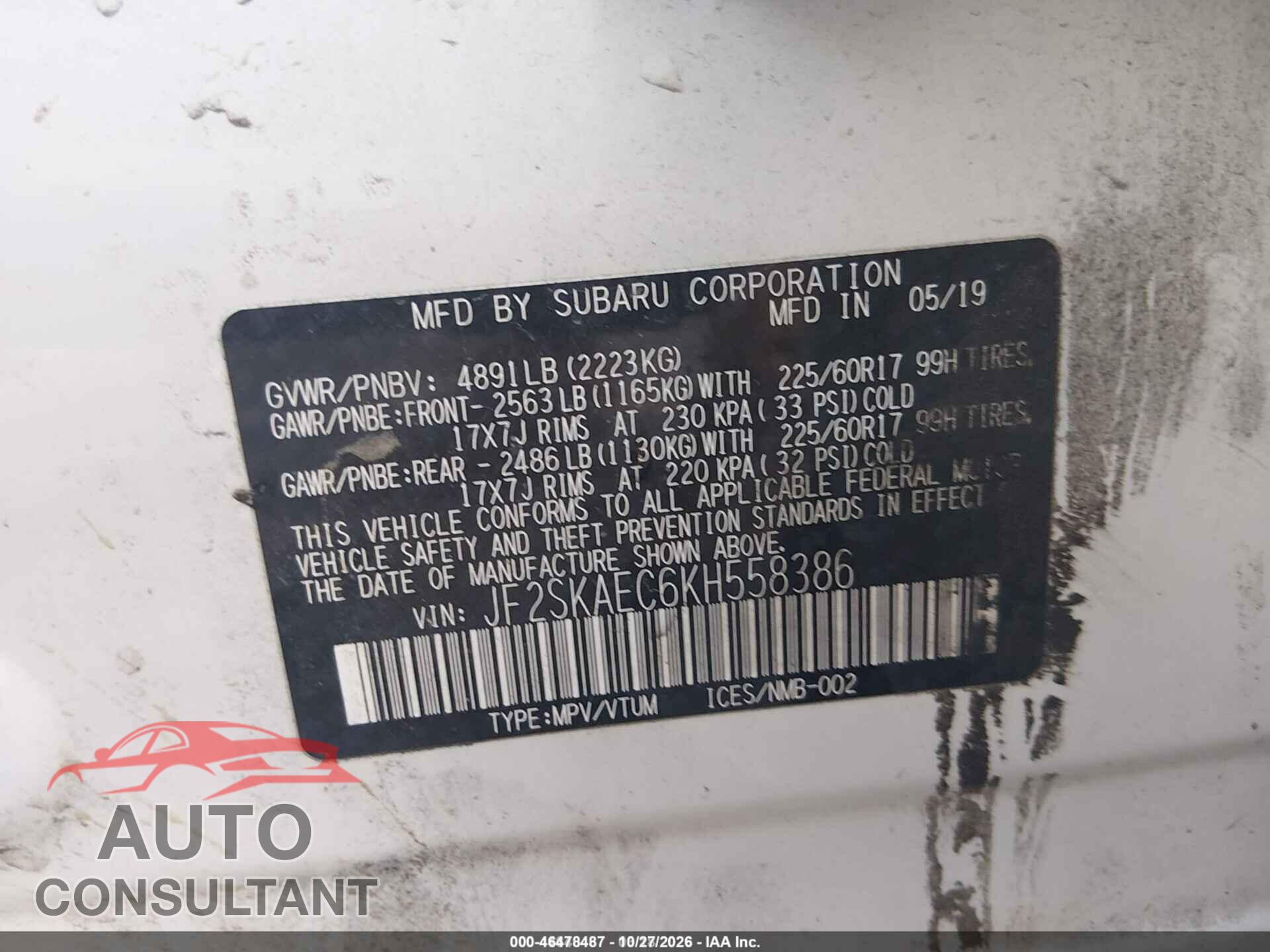 SUBARU FORESTER 2019 - JF2SKAEC6KH558386