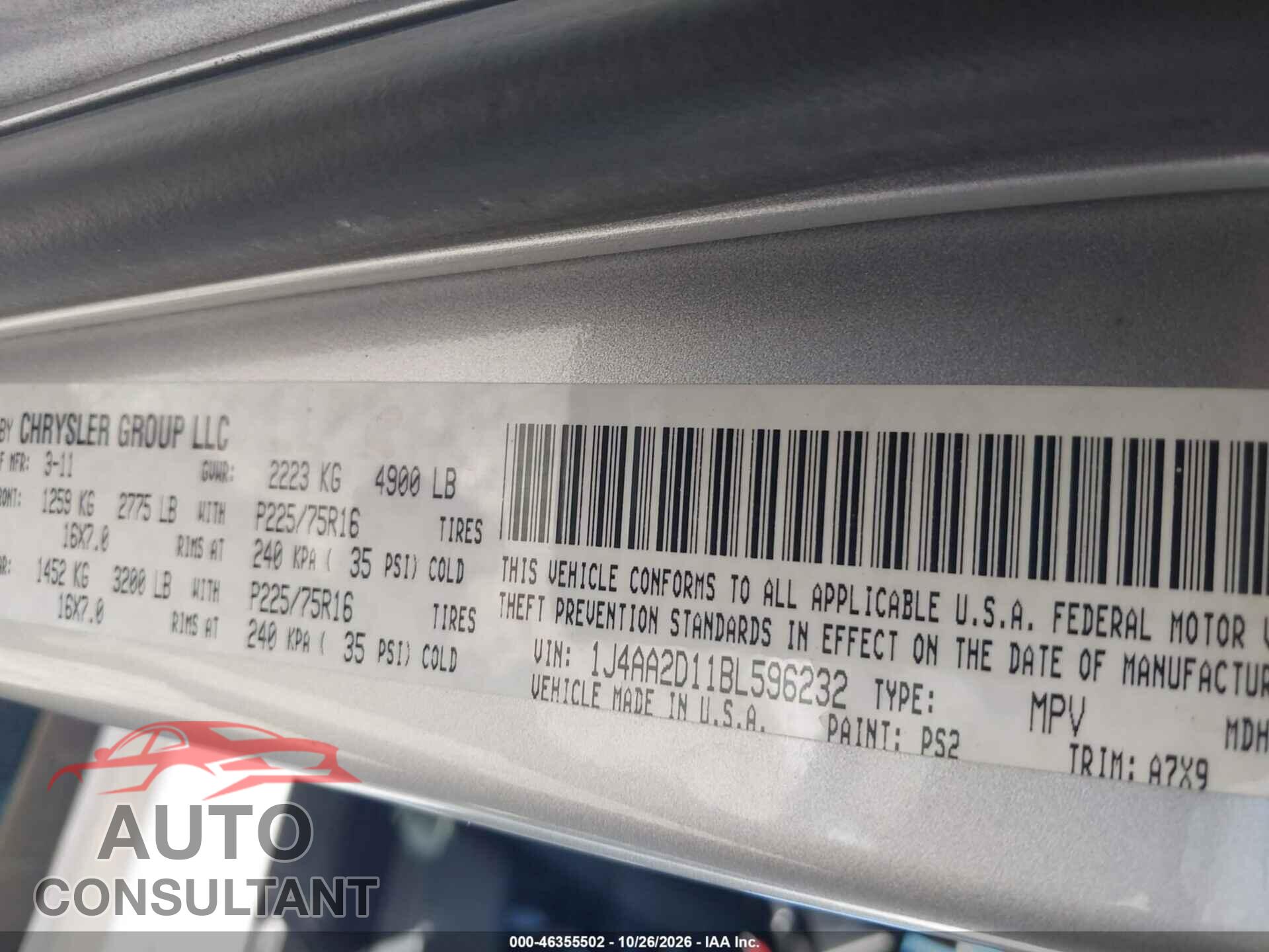 JEEP WRANGLER 2011 - 1J4AA2D11BL596232