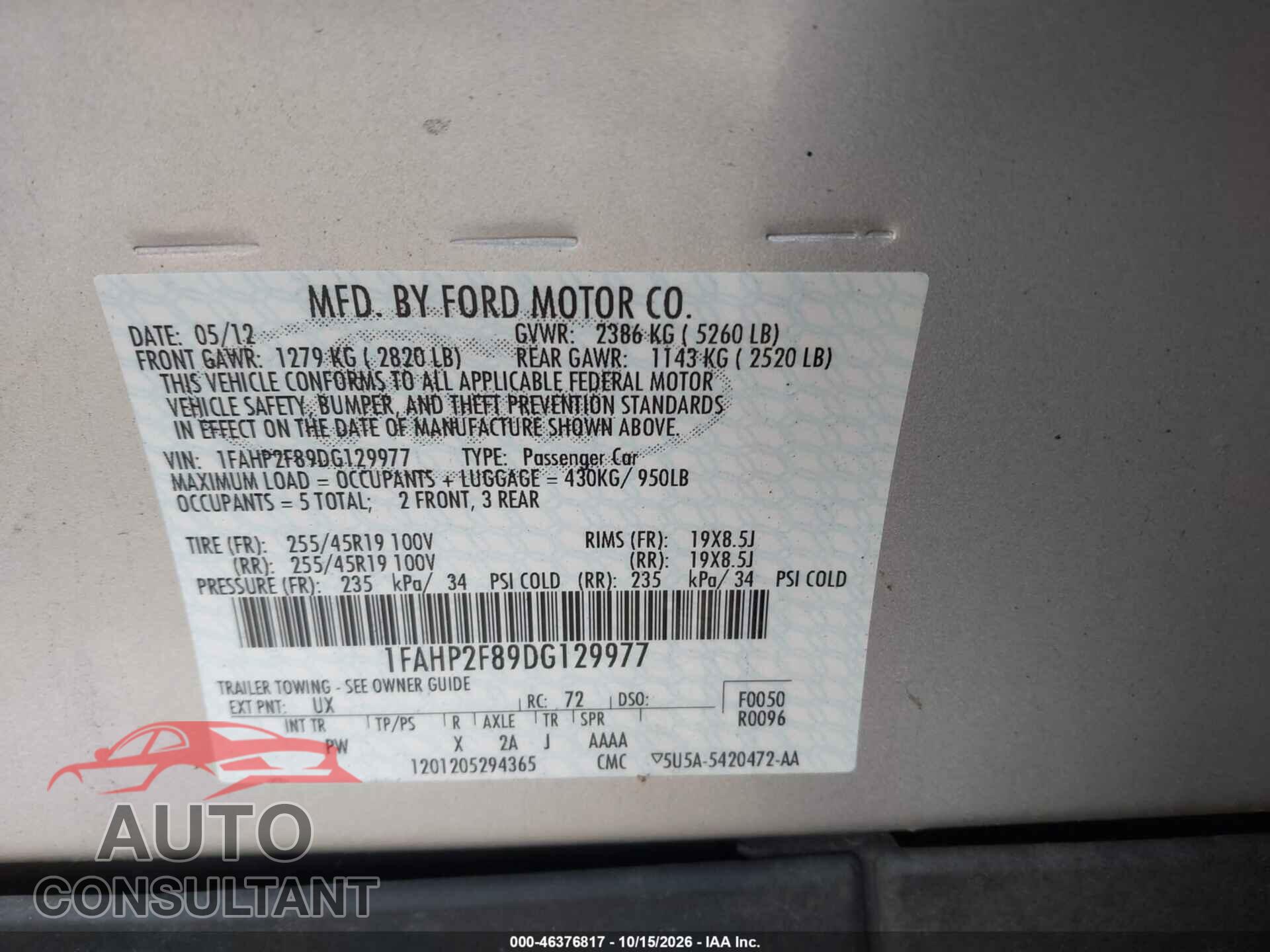 FORD TAURUS 2013 - 1FAHP2F89DG129977