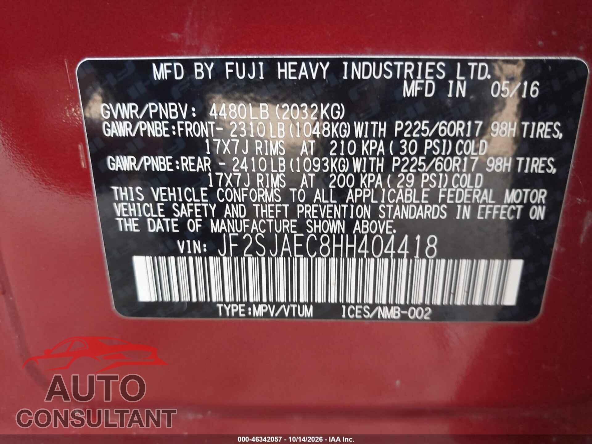 SUBARU FORESTER 2017 - JF2SJAEC8HH404418