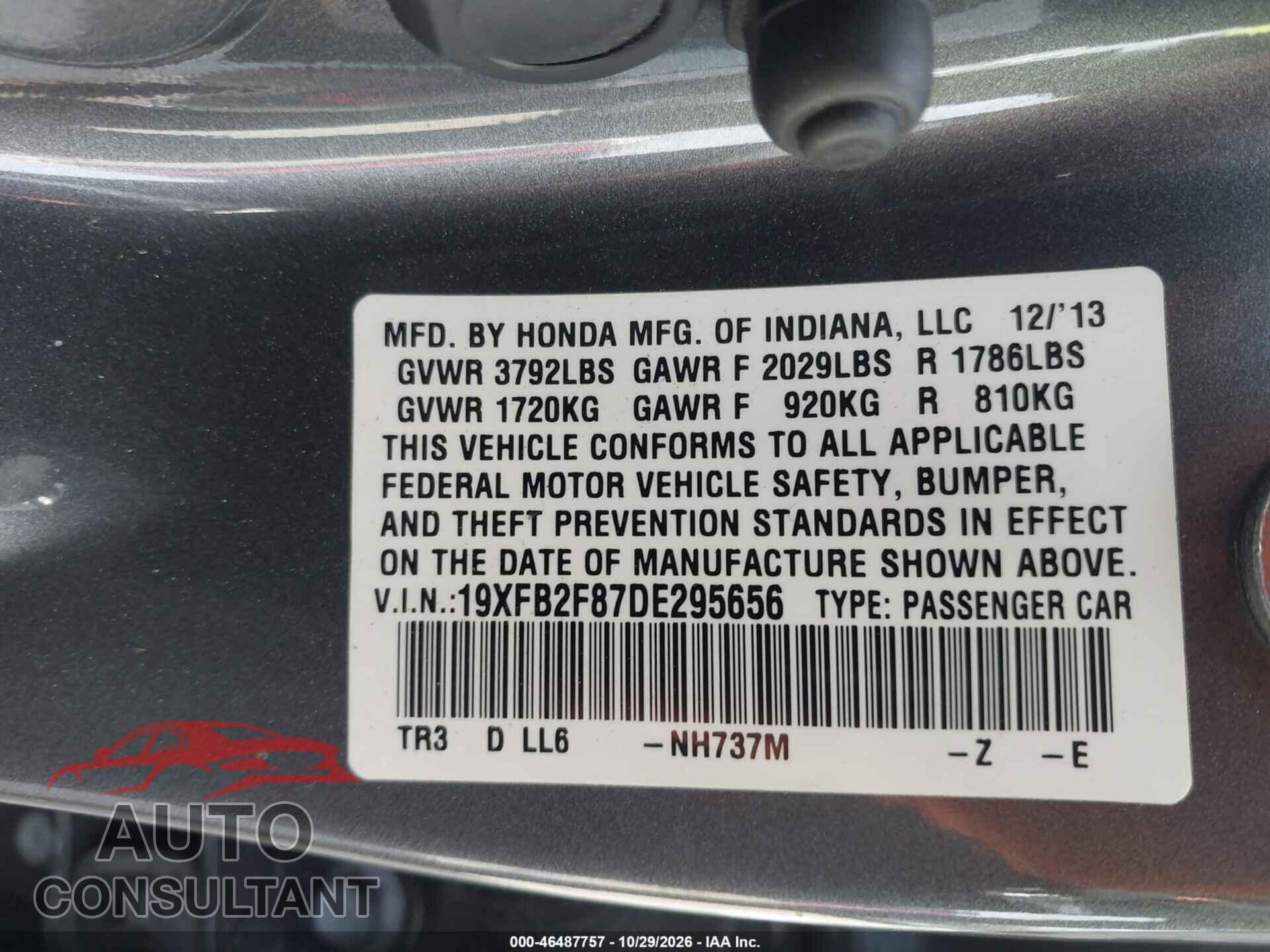 HONDA CIVIC 2013 - 19XFB2F87DE295656