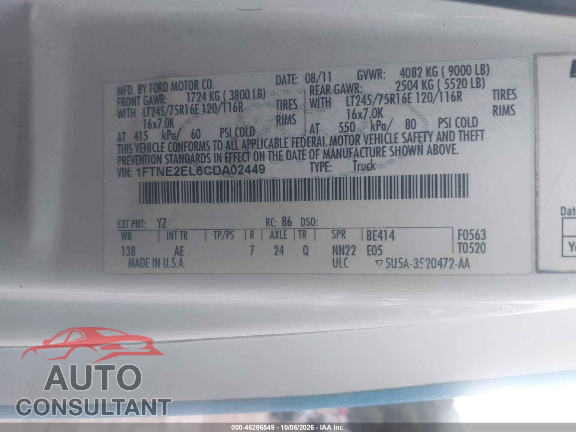 FORD E-250 2012 - 1FTNE2EL6CDA02449