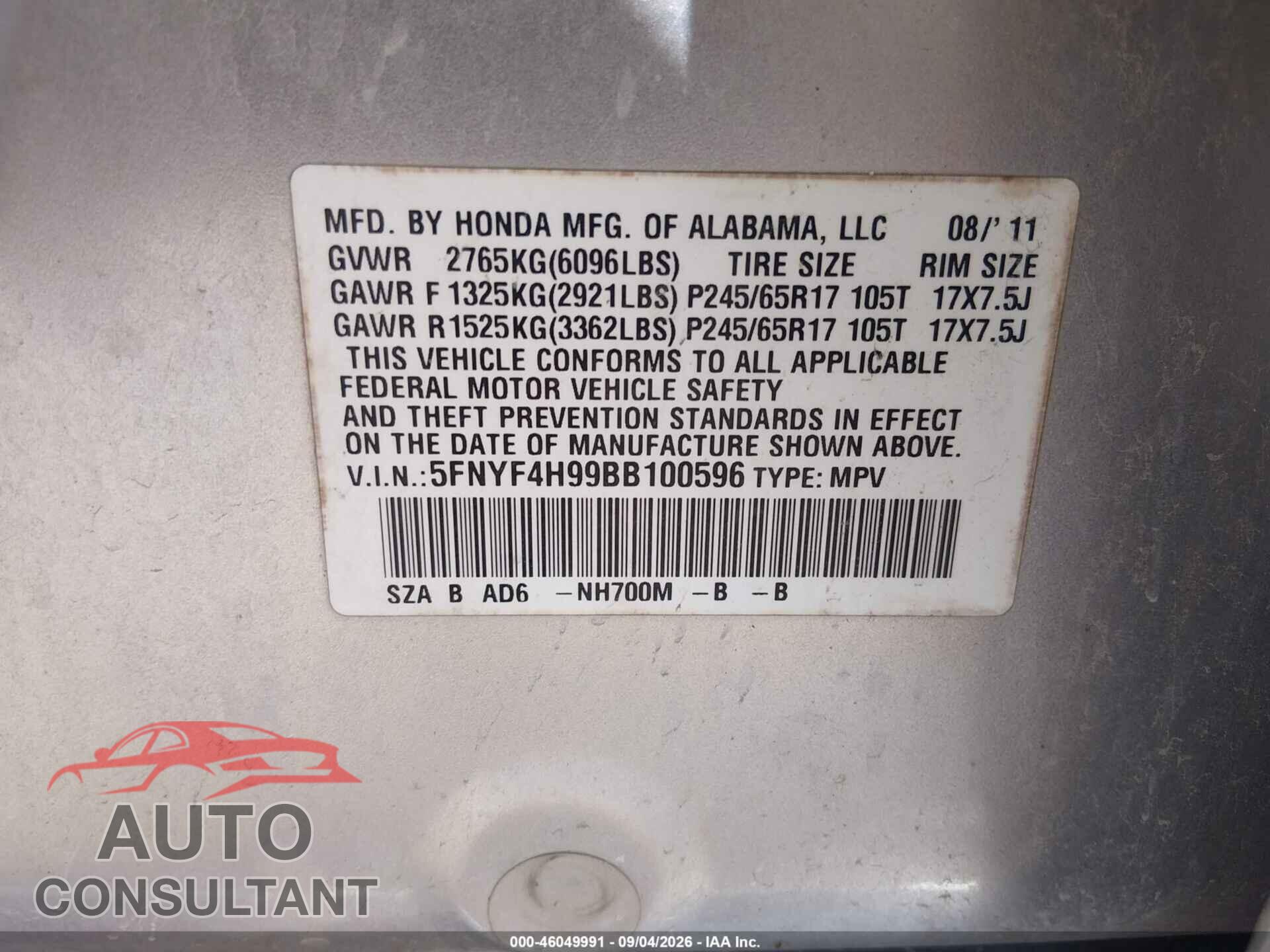 HONDA PILOT 2011 - 5FNYF4H99BB100596