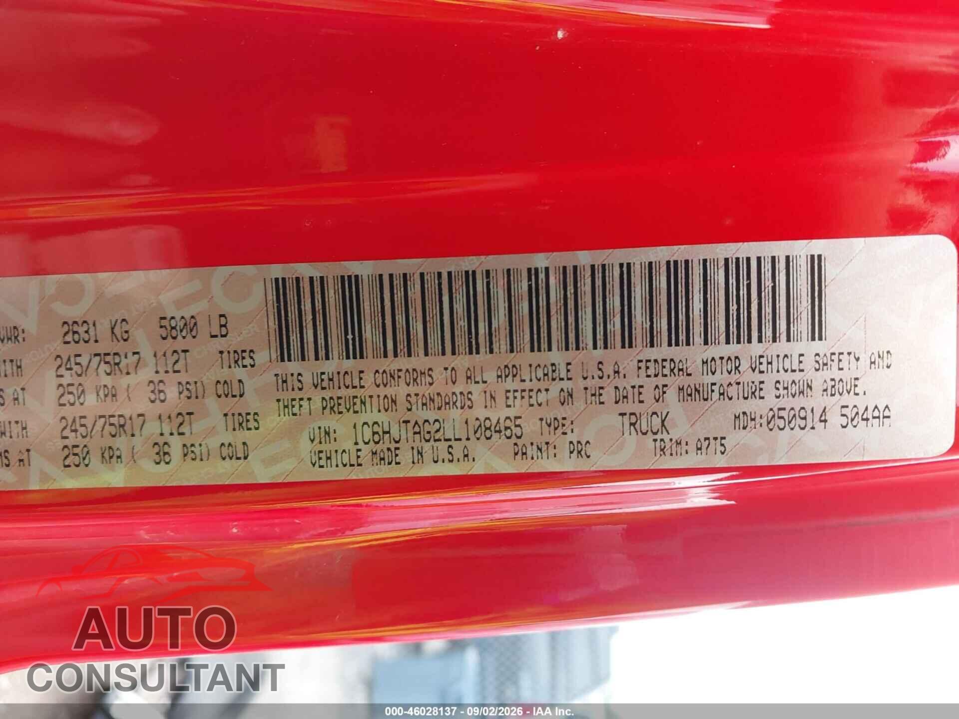 JEEP GLADIATOR 2020 - 1C6HJTAG2LL108465