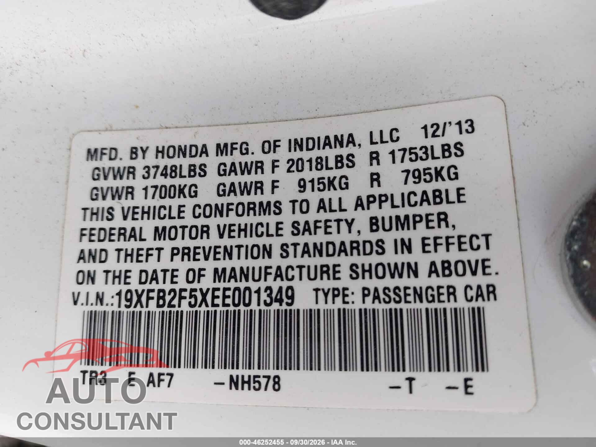 HONDA CIVIC 2014 - 19XFB2F5XEE001349