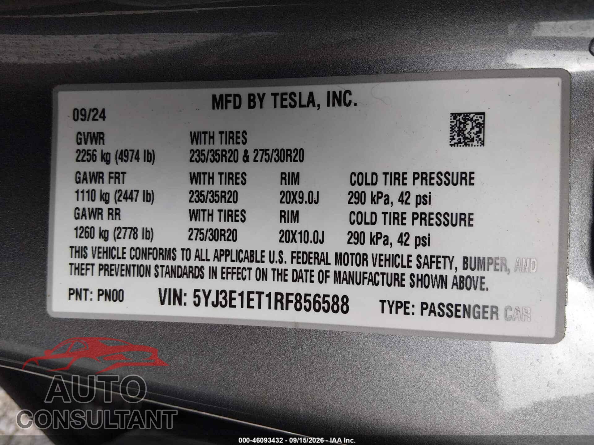TESLA MODEL 3 2024 - 5YJ3E1ET1RF856588