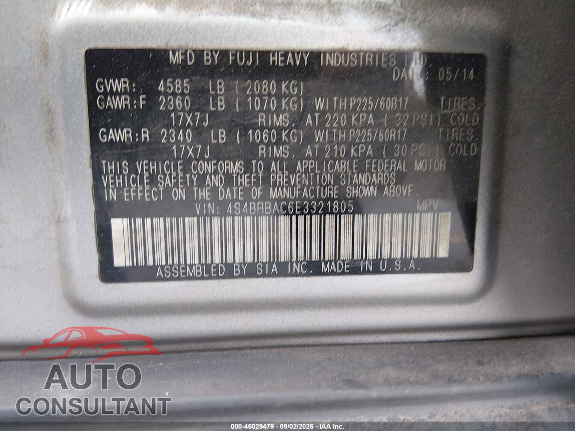 SUBARU OUTBACK 2014 - 4S4BRBAC6E3321805