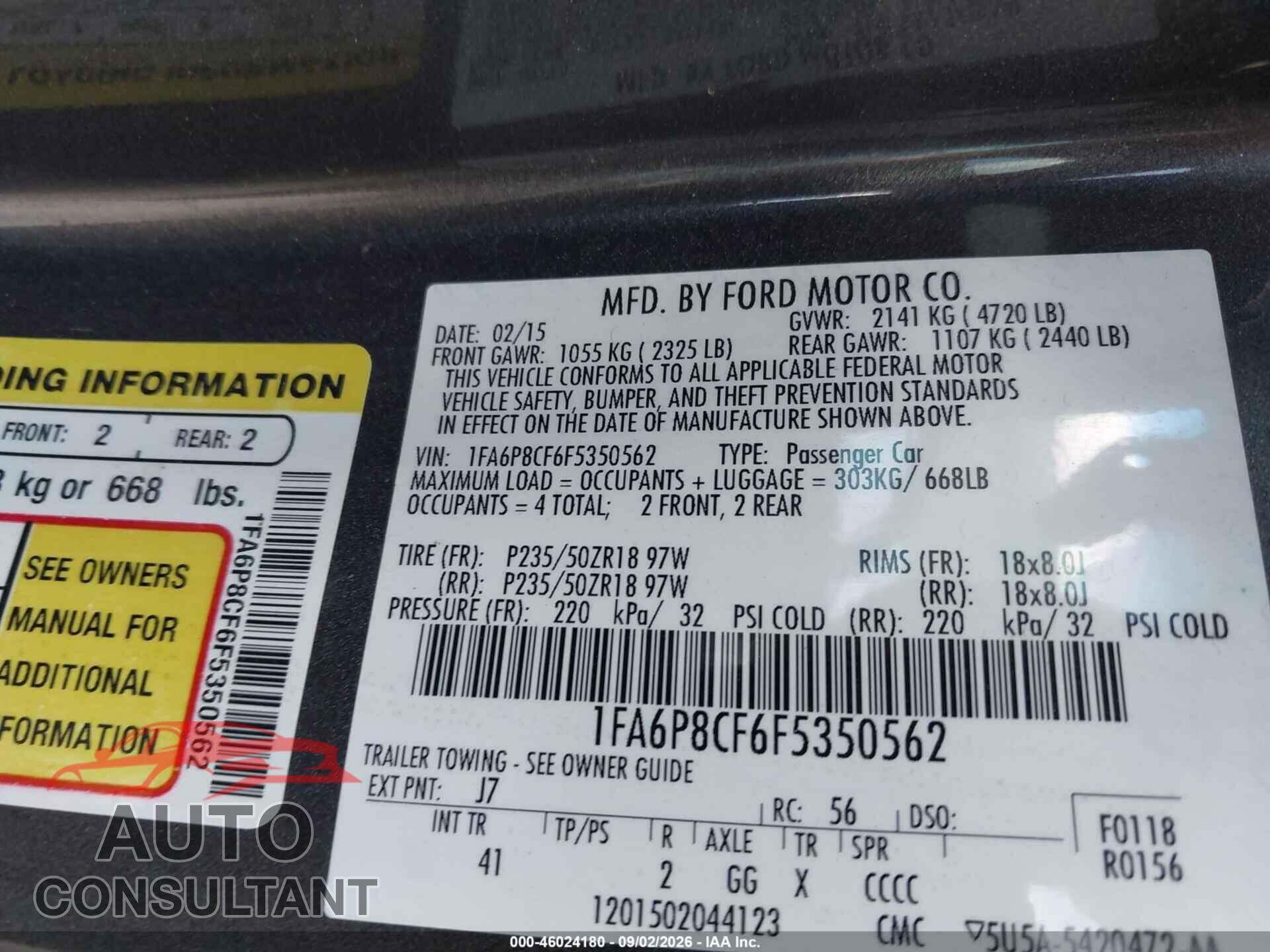 FORD MUSTANG 2015 - 1FA6P8CF6F5350562
