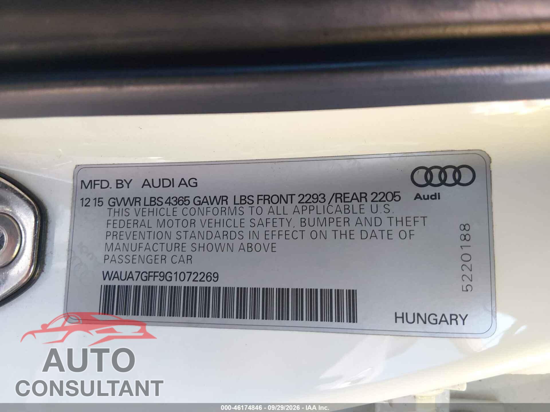 AUDI A3 2016 - WAUA7GFF9G1072269