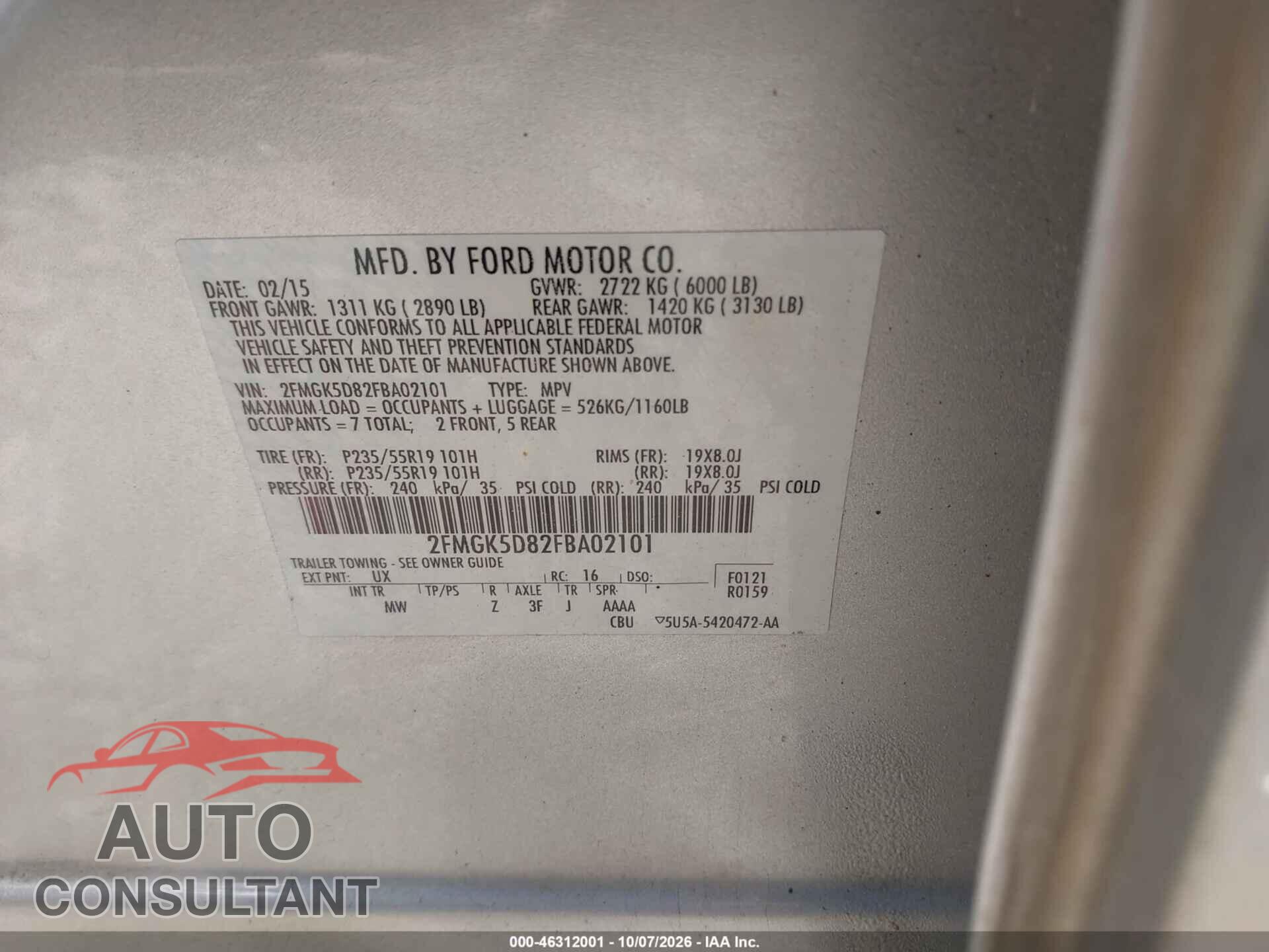 FORD FLEX 2015 - 2FMGK5D82FBA02101
