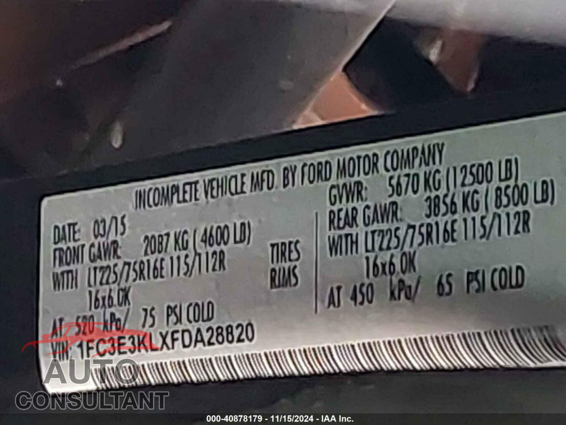 FORD E-350 STRIPPED 2015 - 1FC3E3KLXFDA28820