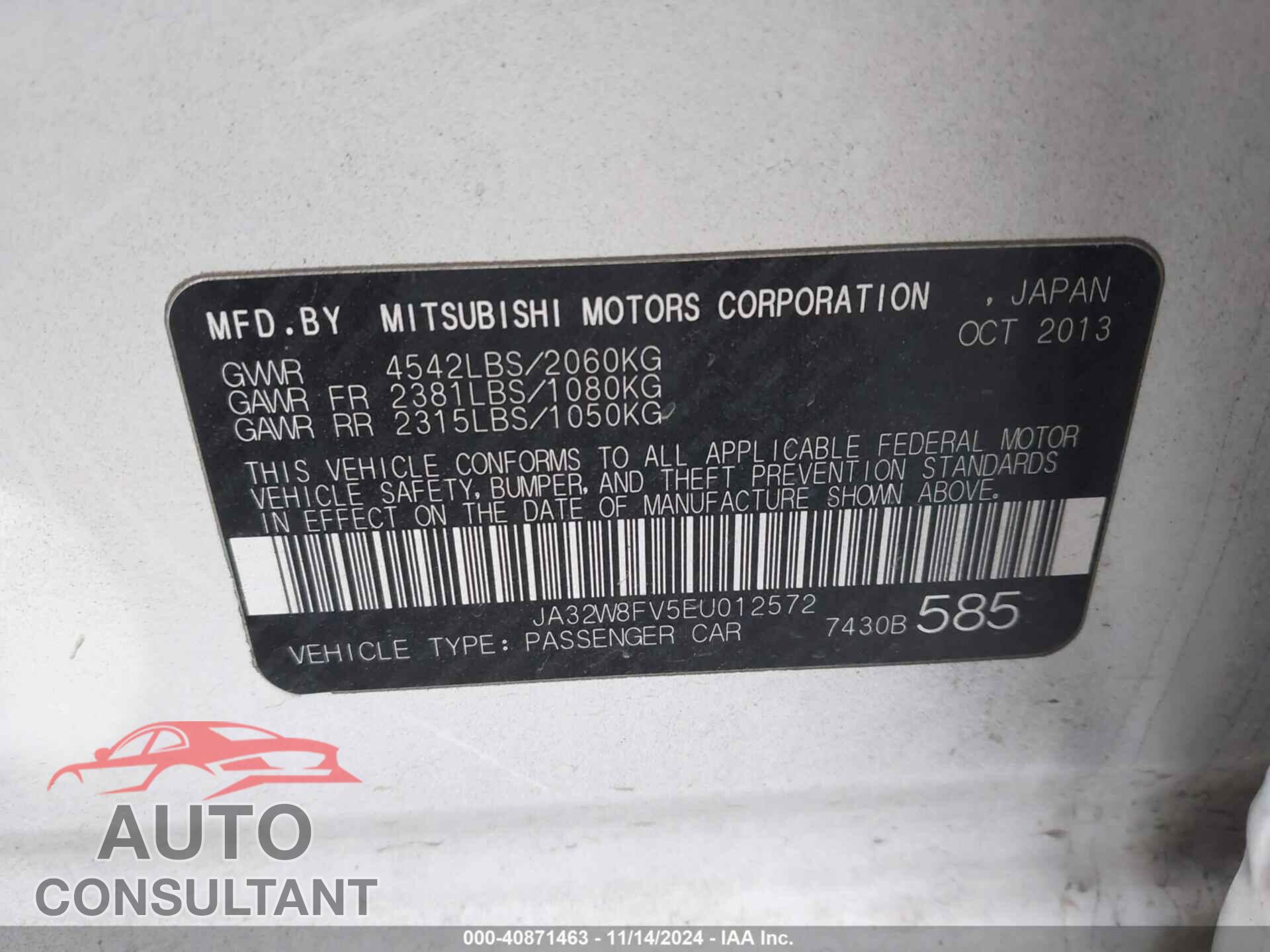 MITSUBISHI LANCER EVOLUTION 2014 - JA32W8FV5EU012572