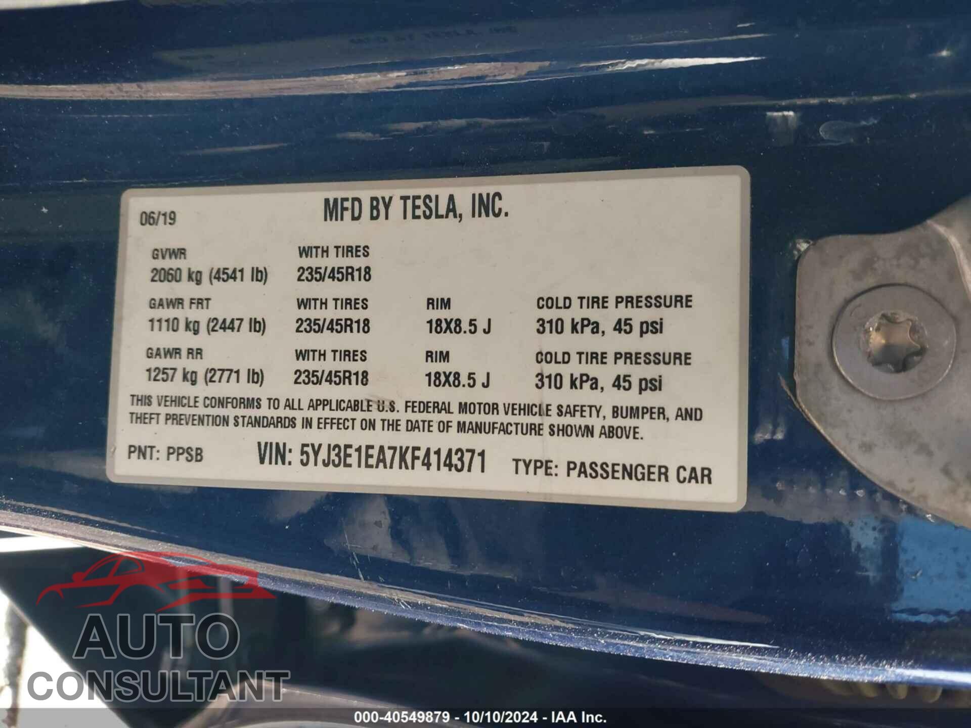 TESLA MODEL 3 2019 - 5YJ3E1EA7KF414371