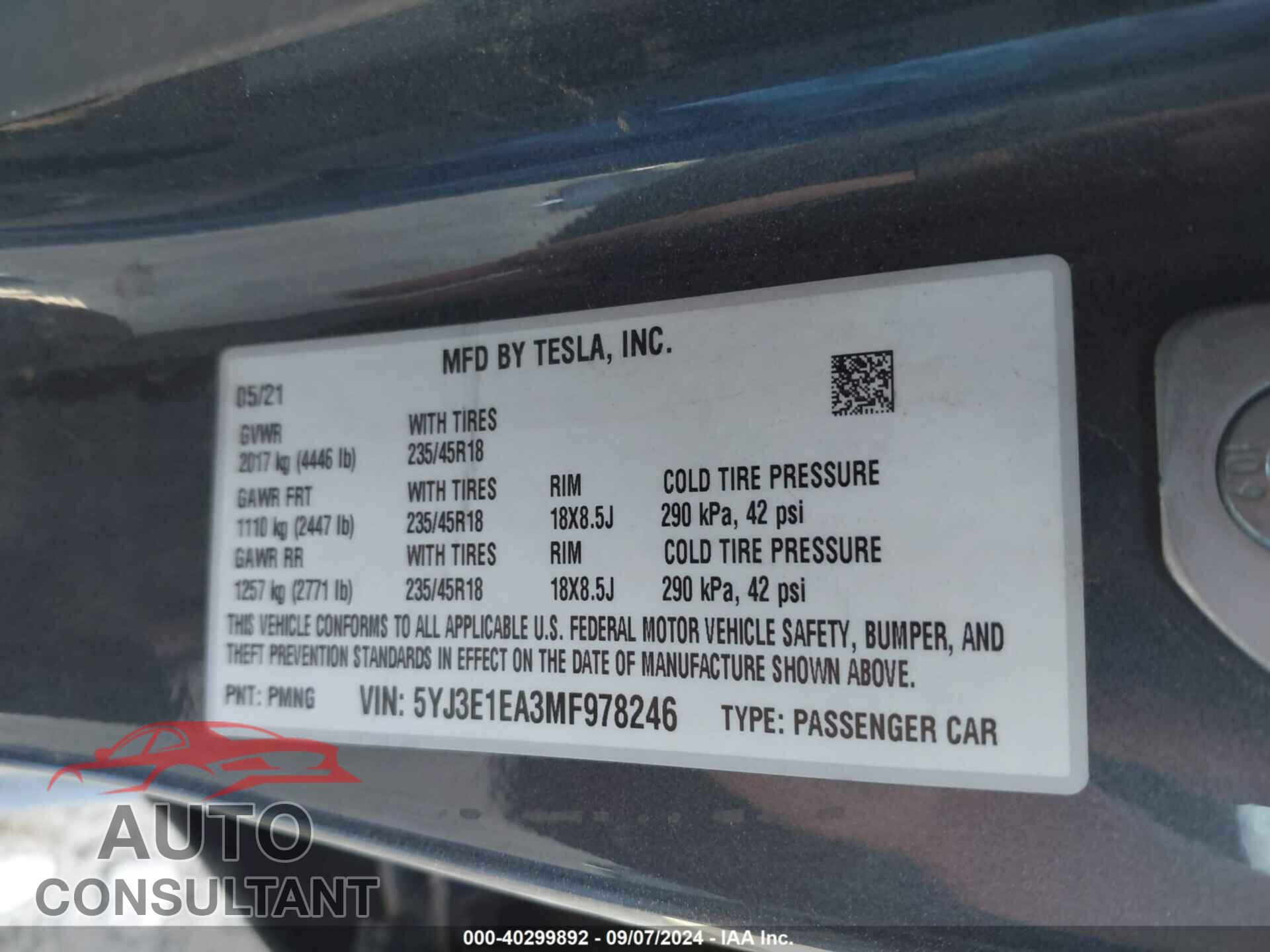 TESLA MODEL 3 2021 - 5YJ3E1EA3MF978246