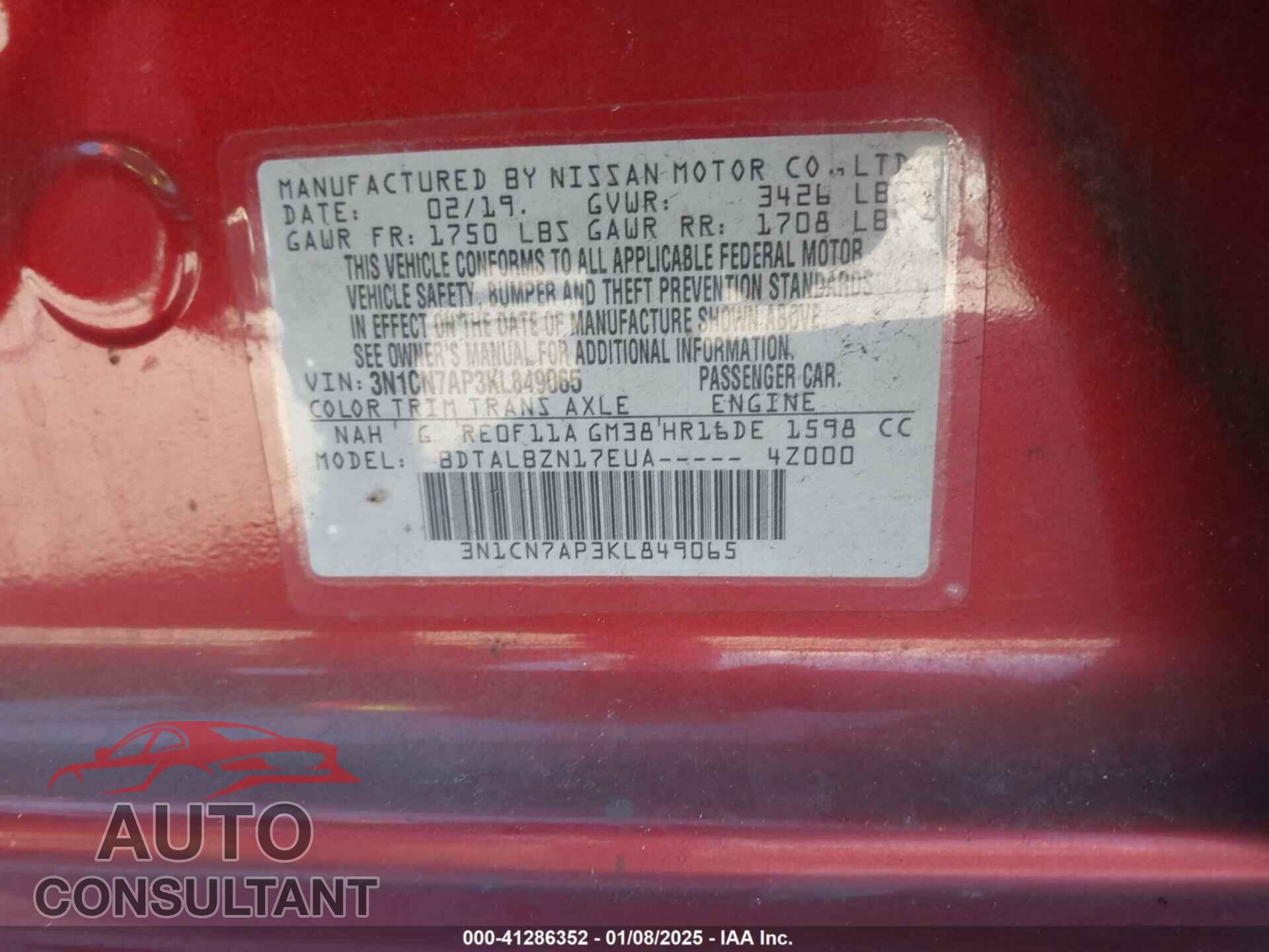 NISSAN VERSA 2019 - 3N1CN7AP3KL849065