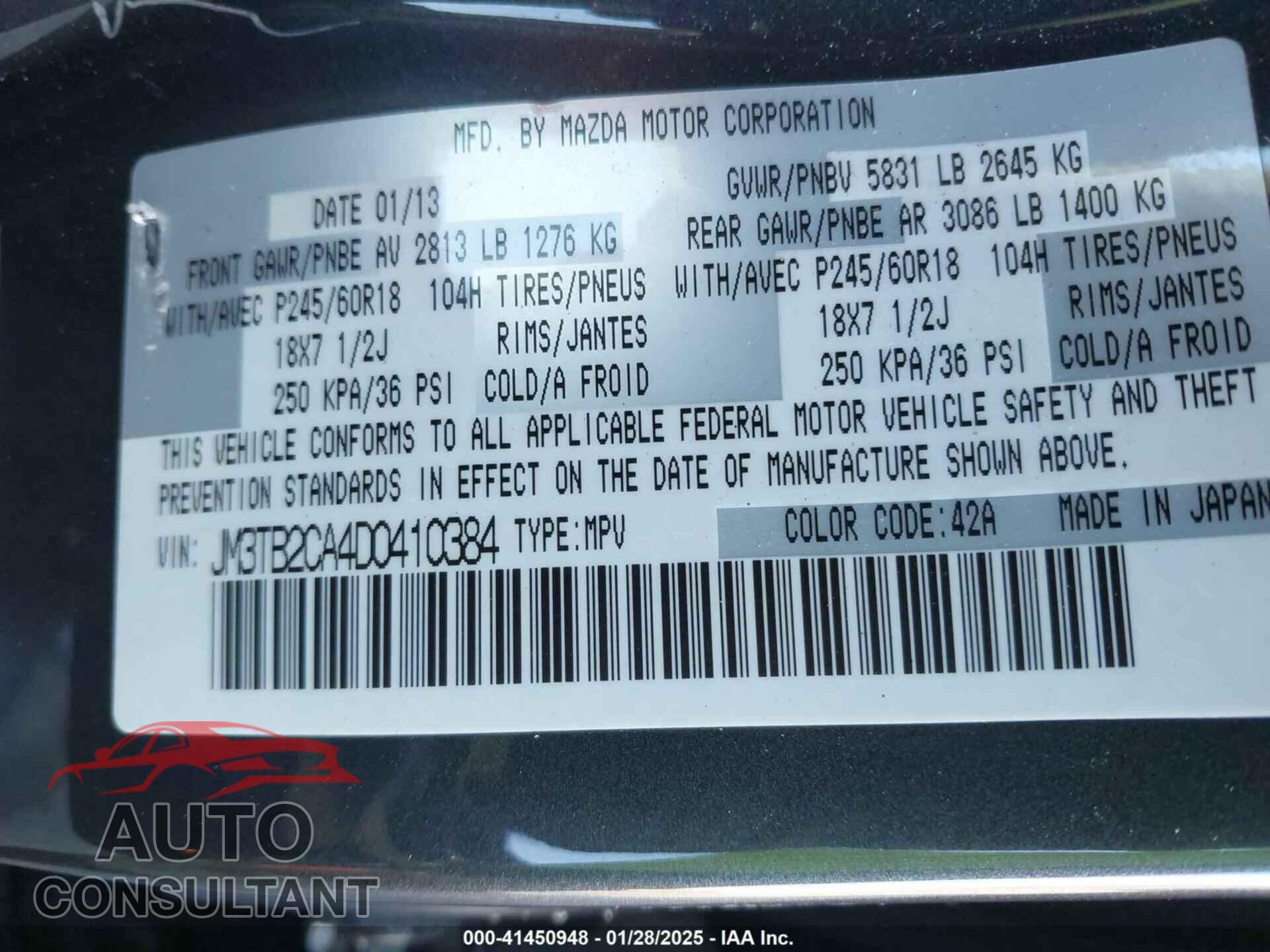 MAZDA CX-9 2013 - JM3TB2CA4D0410384
