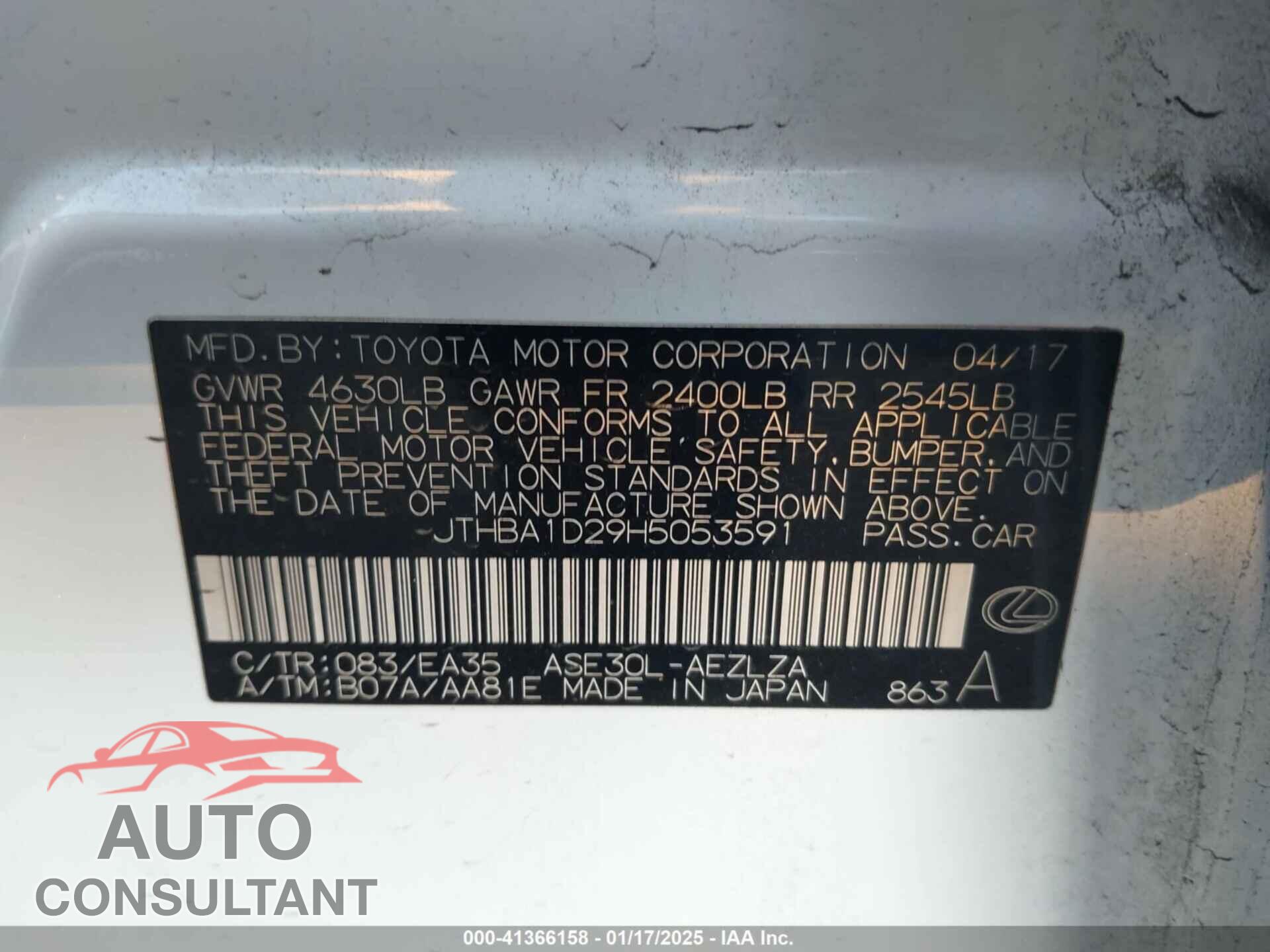 LEXUS IS 2017 - JTHBA1D29H5053591