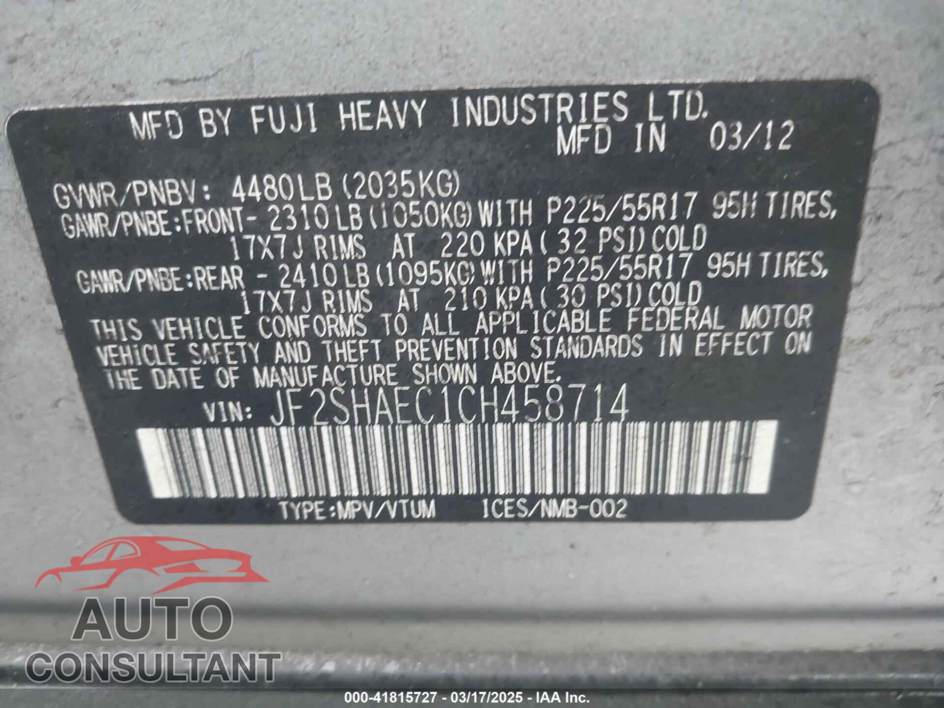 SUBARU FORESTER 2012 - JF2SHAEC1CH458714