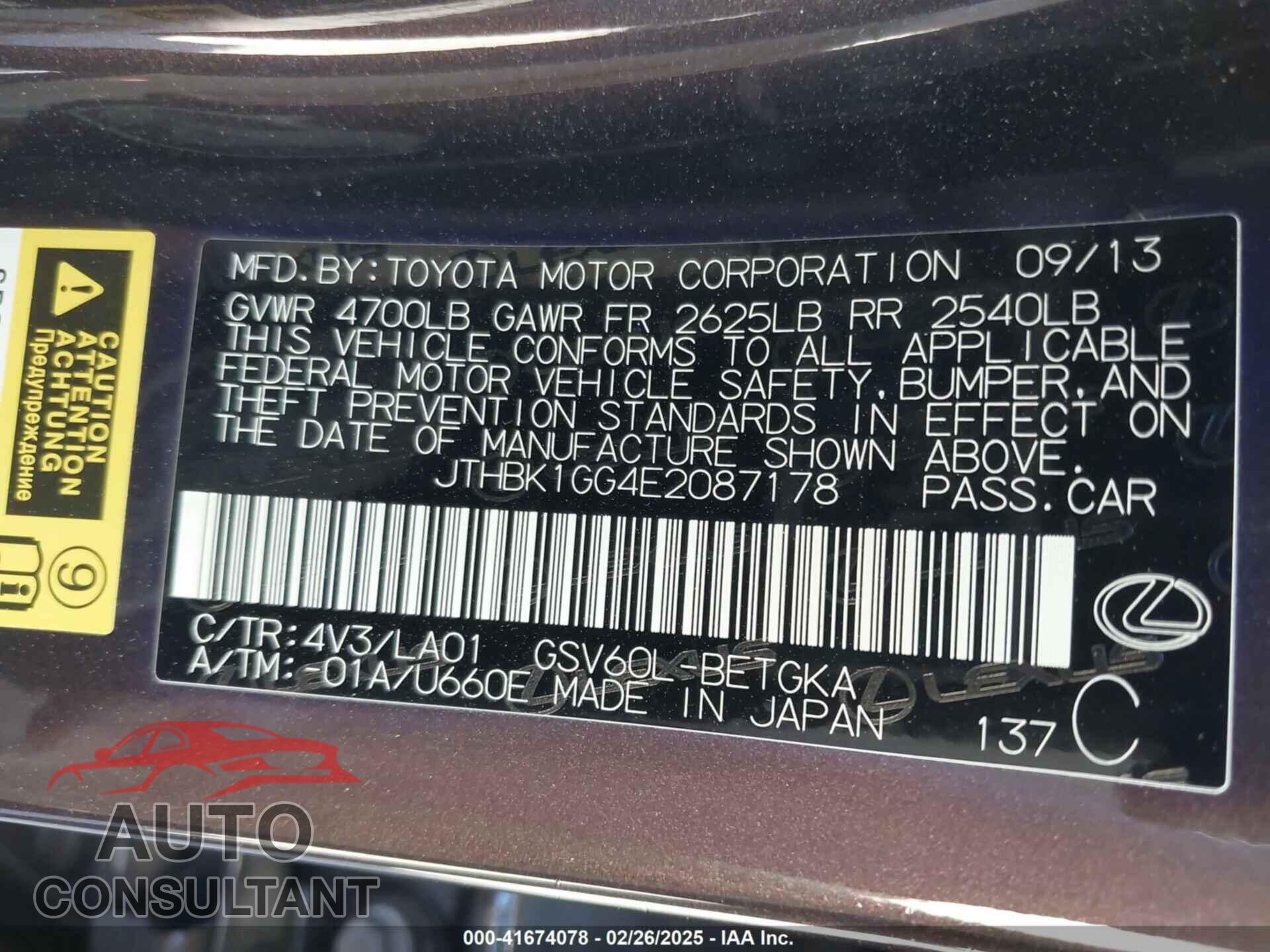 LEXUS ES 350 2014 - JTHBK1GG4E2087178