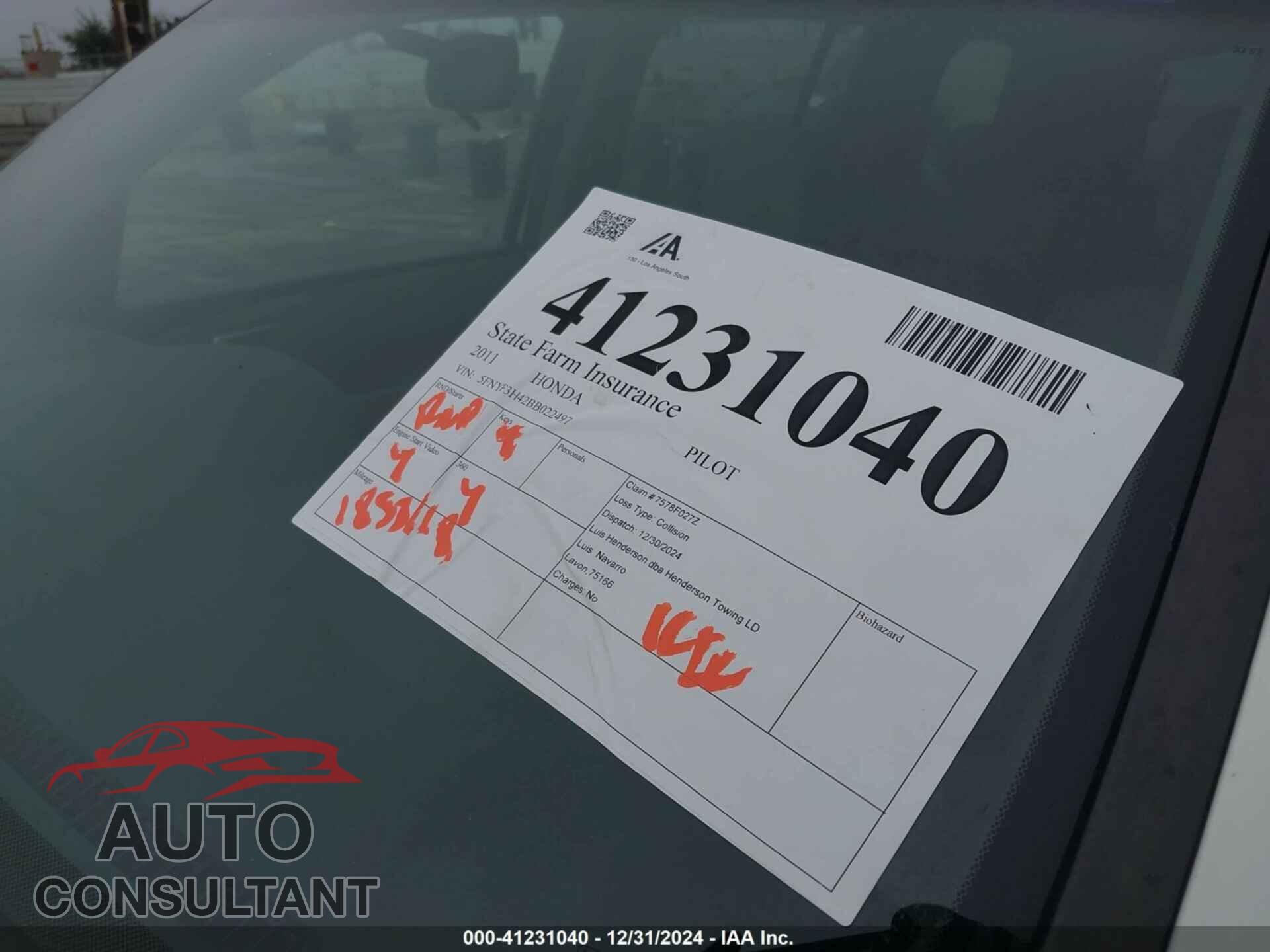 HONDA PILOT 2011 - 5FNYF3H42BB022497