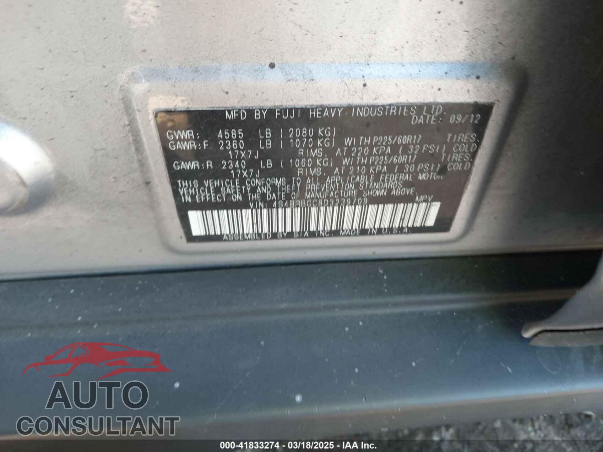 SUBARU OUTBACK 2013 - 4S4BRBGC8D3239709