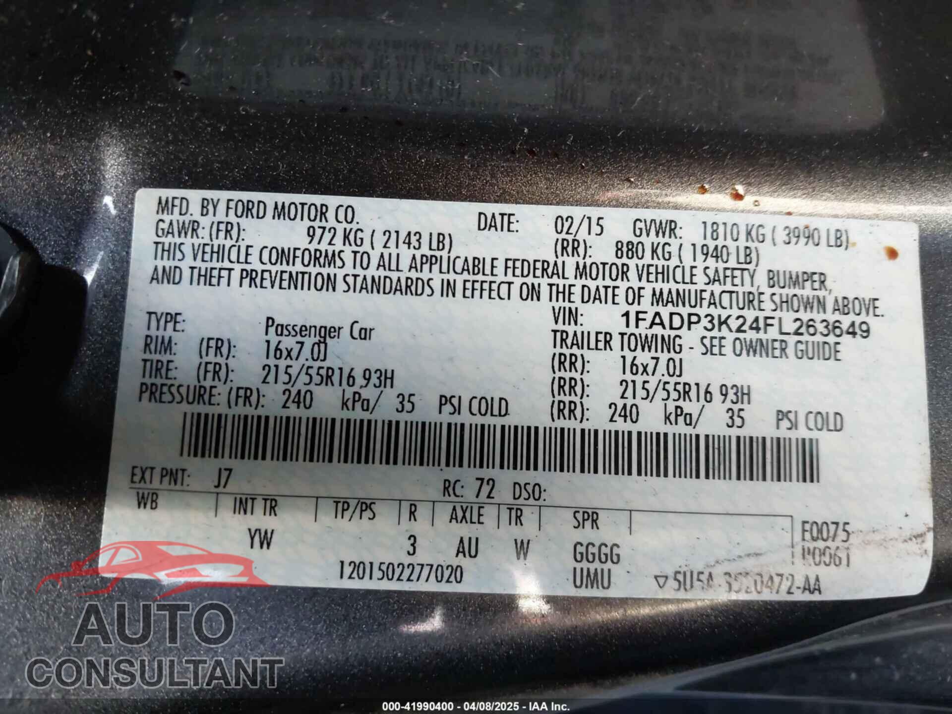 FORD FOCUS 2015 - 1FADP3K24FL263649