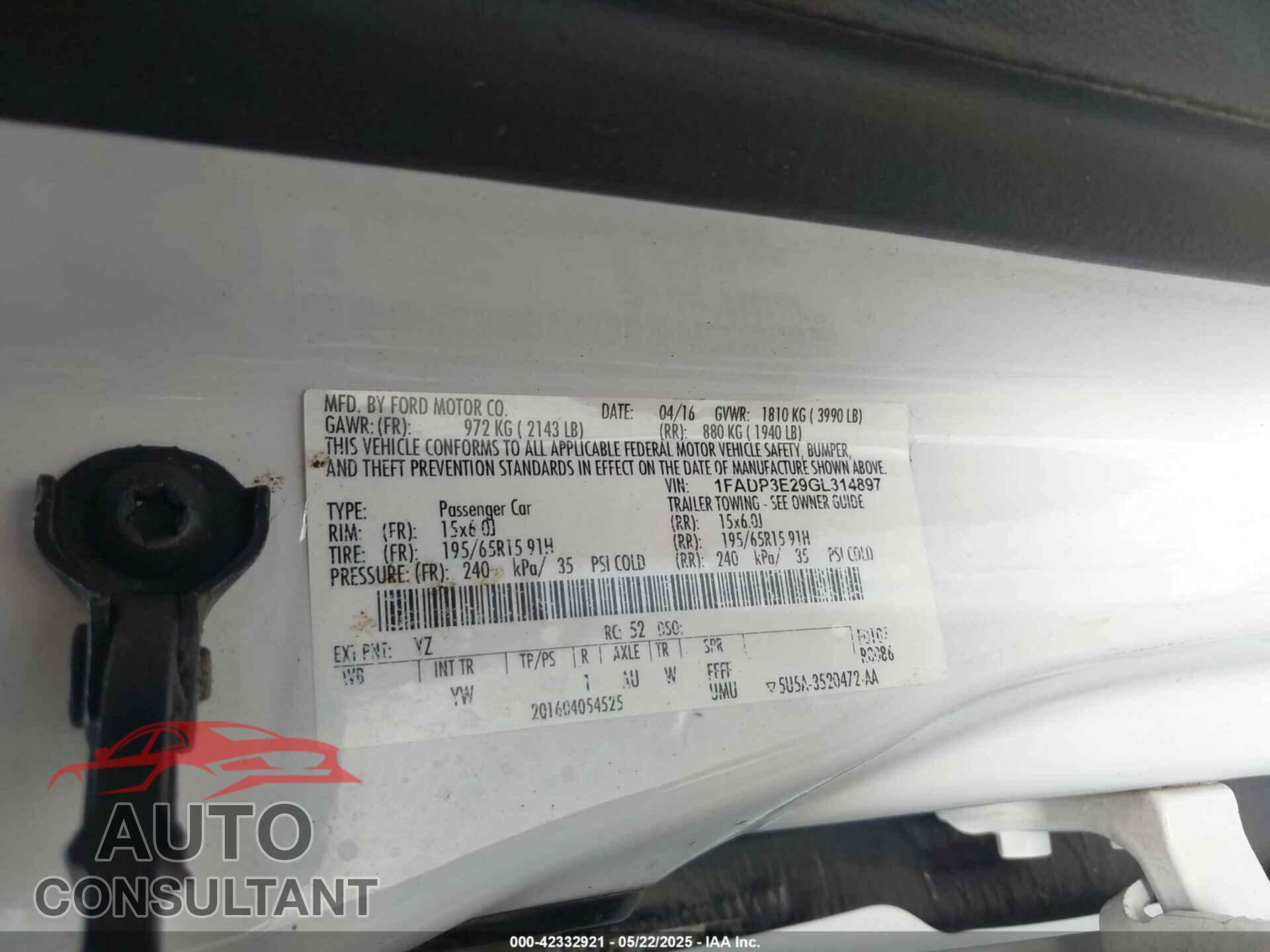 FORD FOCUS 2016 - 1FADP3E29GL314897