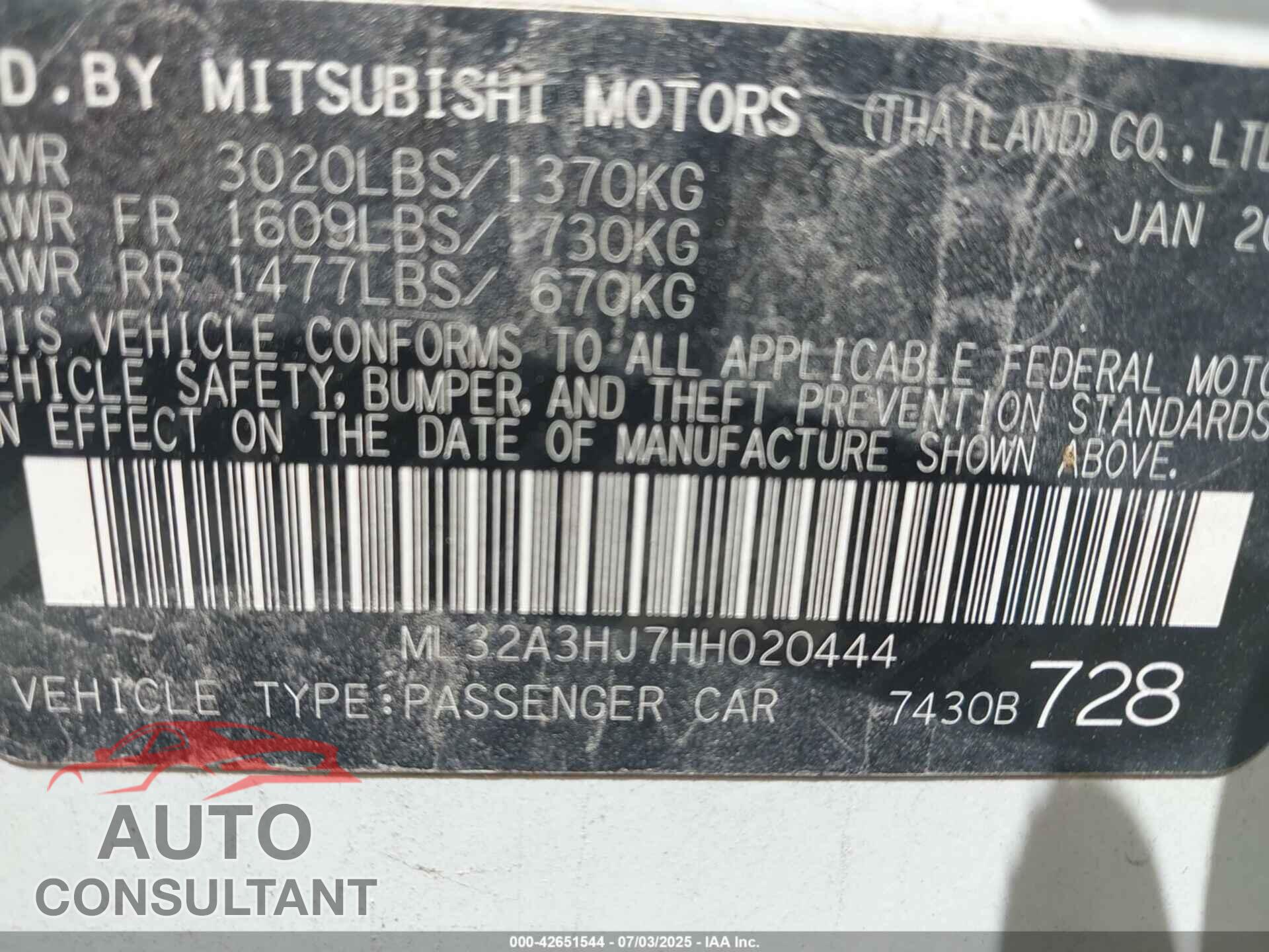 MITSUBISHI MIRAGE 2017 - ML32A3HJ7HH020444