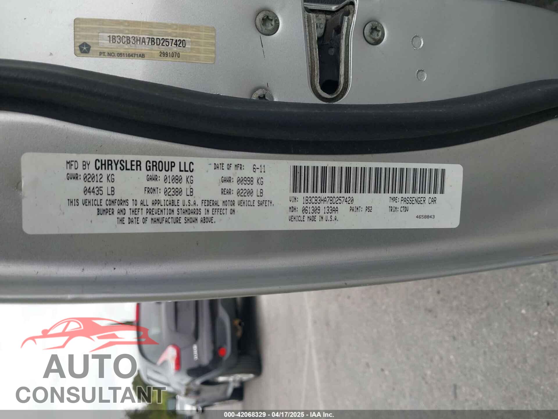 DODGE CALIBER 2011 - 1B3CB3HA7BD257420