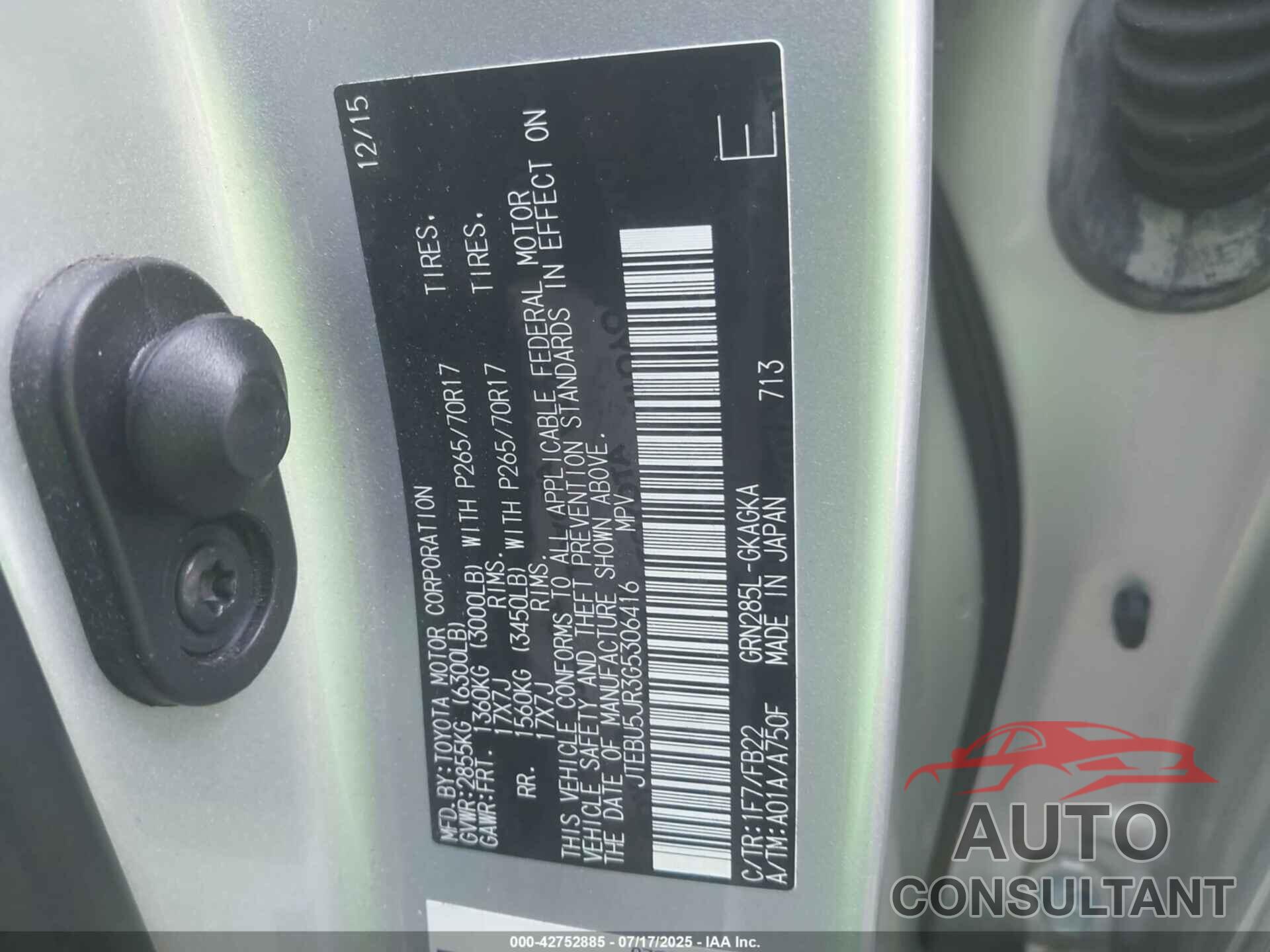 TOYOTA 4RUNNER 2016 - JTEBU5JR3G5306416