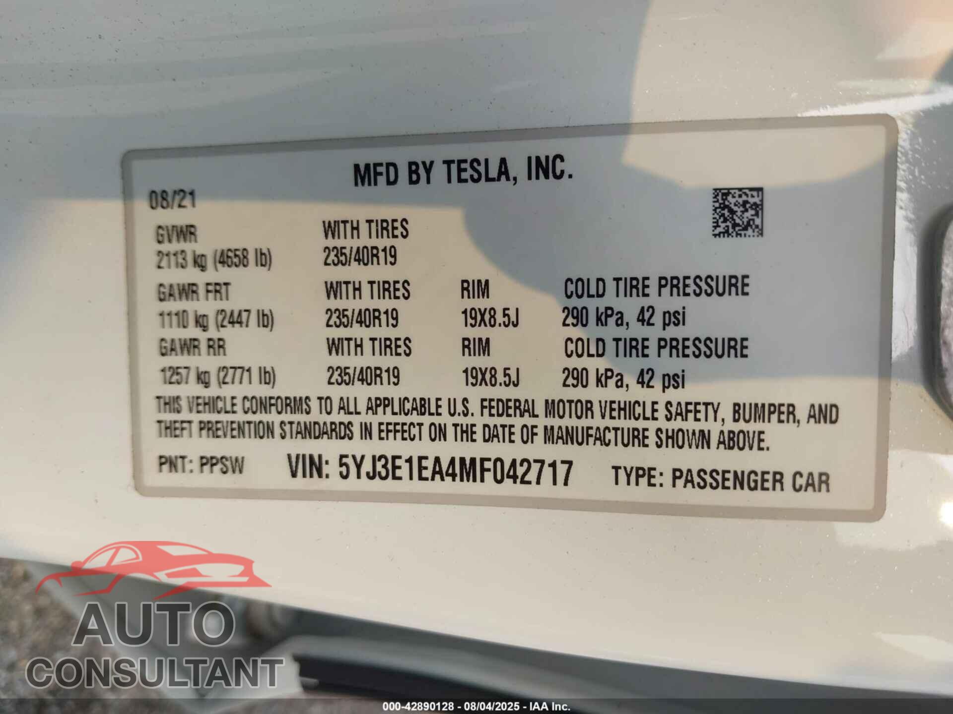 TESLA MODEL 3 2021 - 5YJ3E1EA4MF042717
